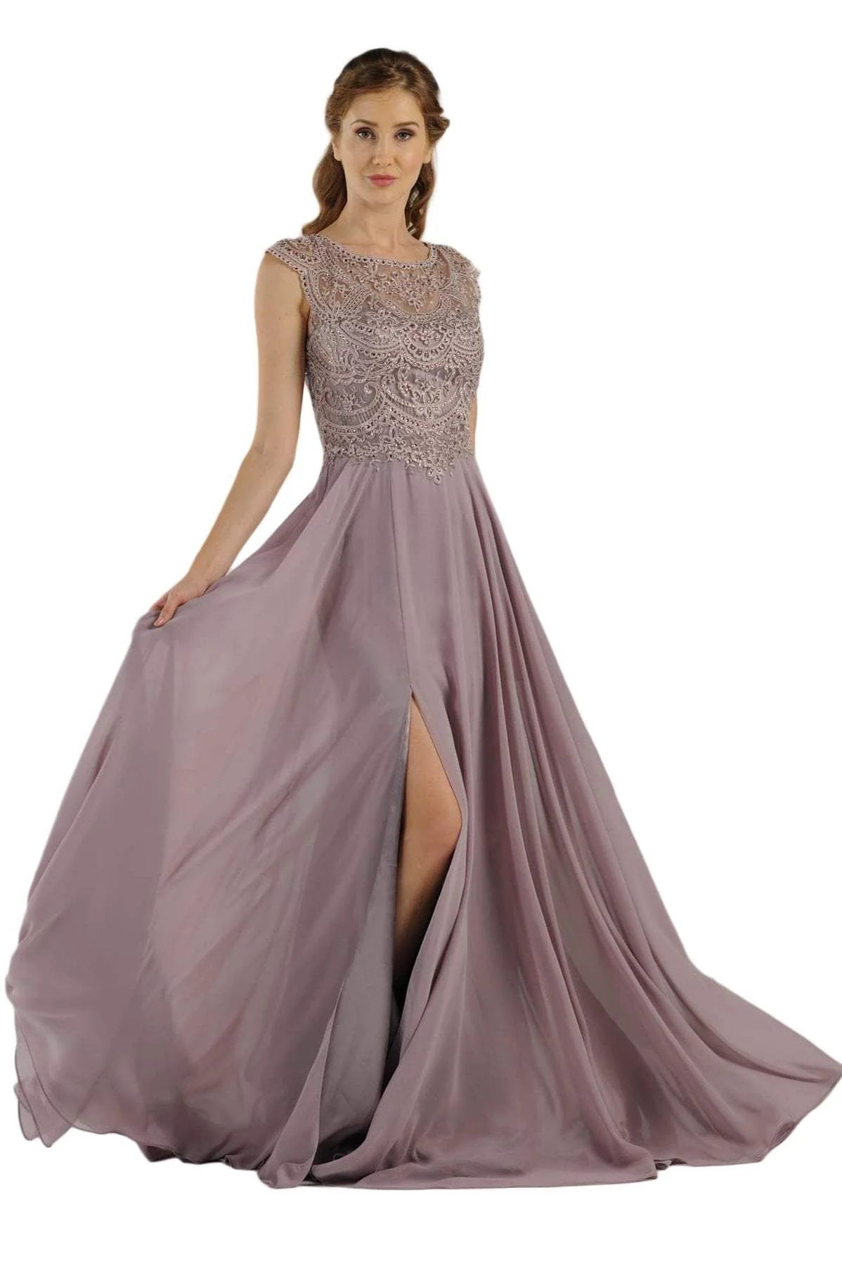 Mauve Jewel Floor-Length Chiffon A-Line Formal Gown with Embroidered Bodice Poly USA 8254
