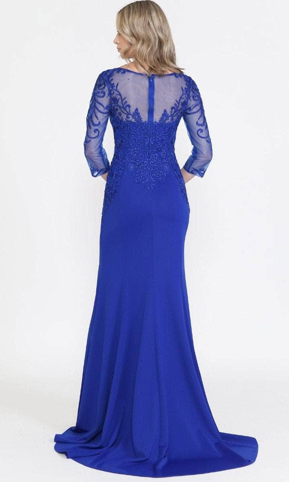 Royal Bateau Floor-Length Lace Formal Trumpet Gown with Illusion Quarter Sleeves Poly USA 8564