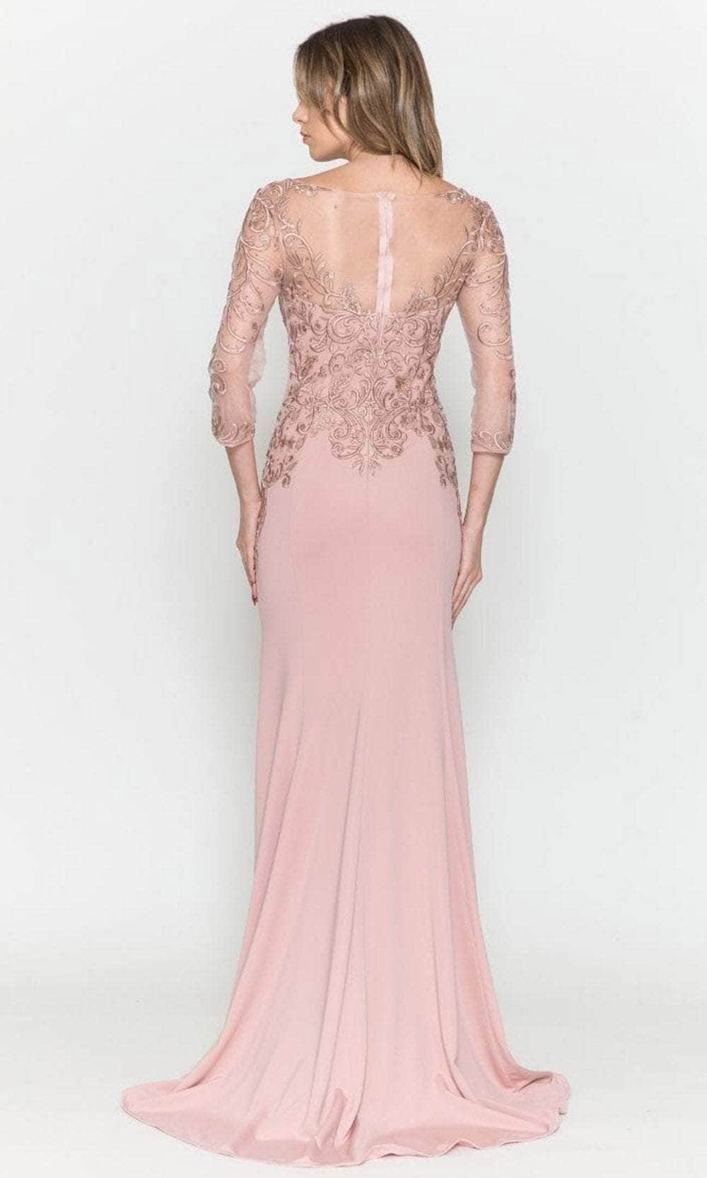 Mauve Bateau Floor-Length Lace Formal Trumpet Gown with Illusion Quarter Sleeves Poly USA 8564