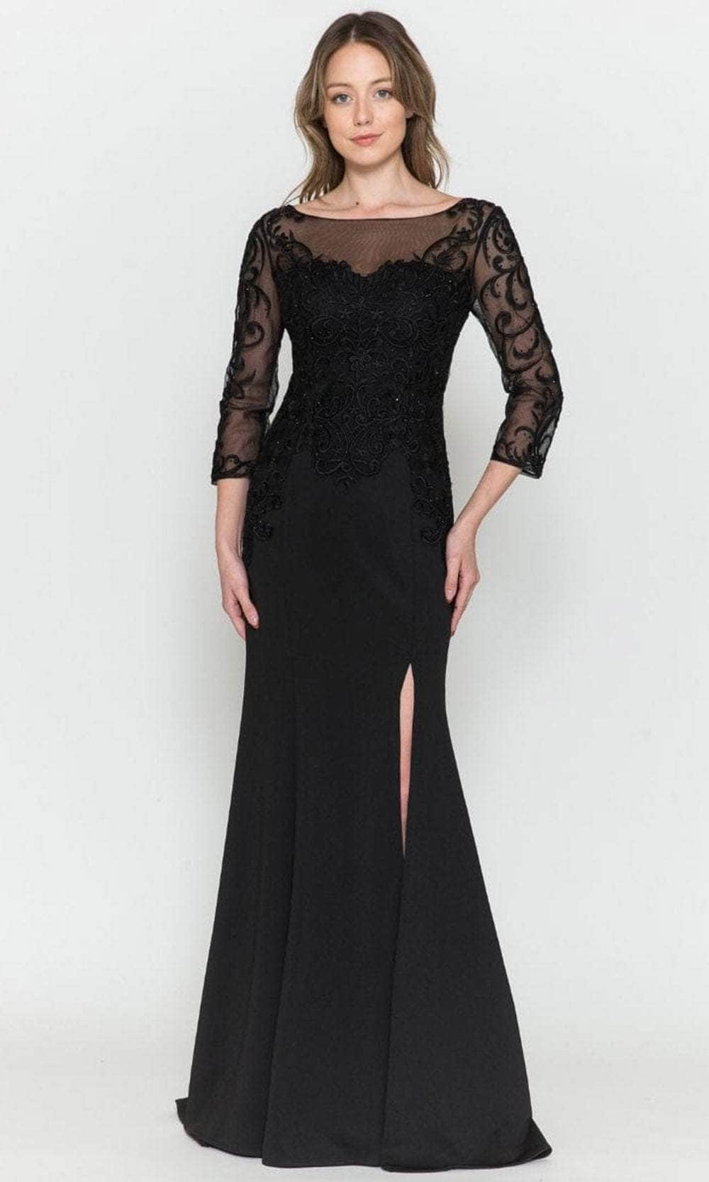 Black Bateau Floor-Length Lace Formal Trumpet Gown with Illusion Quarter Sleeves Poly USA 8564