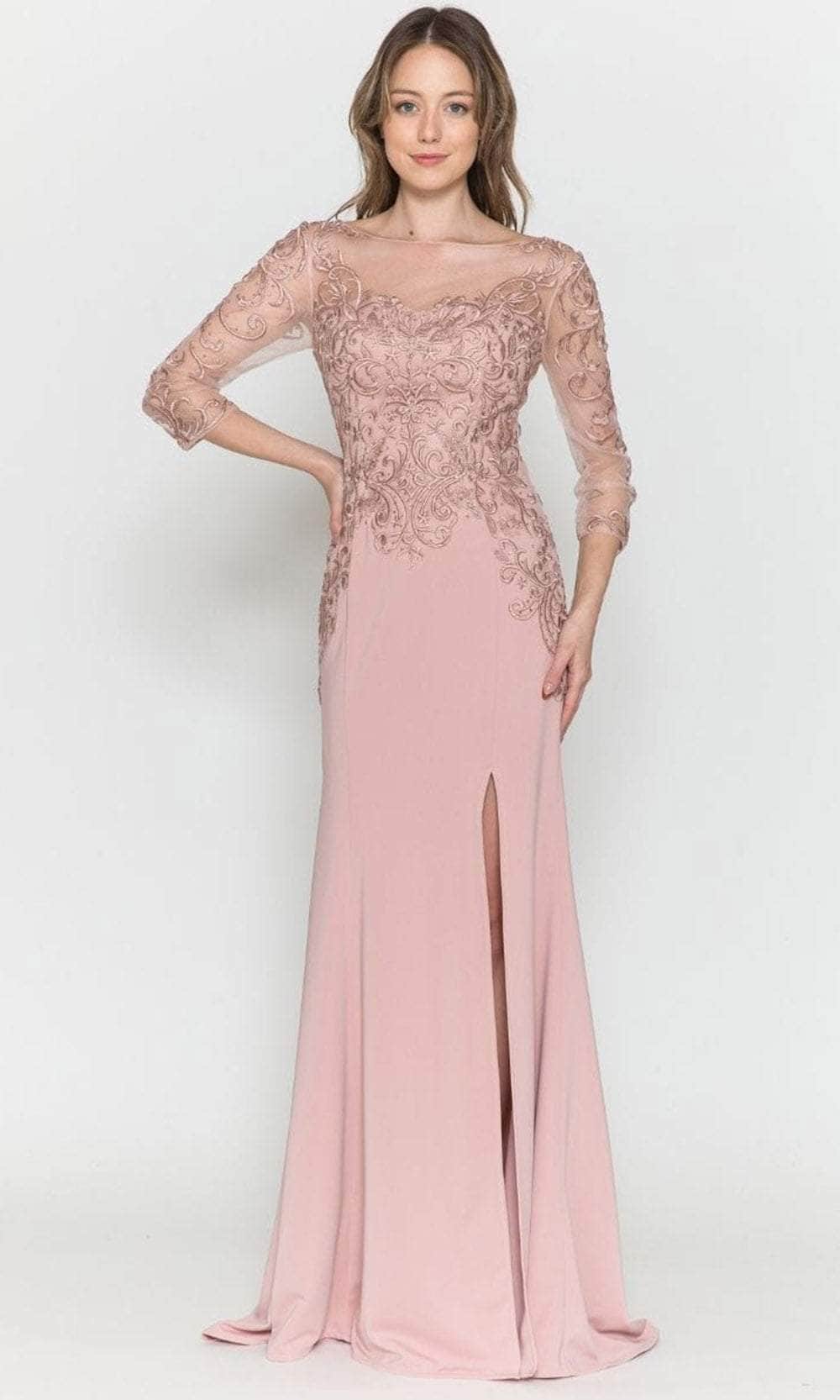 Mauve Bateau Floor-Length Lace Formal Trumpet Gown with Illusion Quarter Sleeves Poly USA 8564