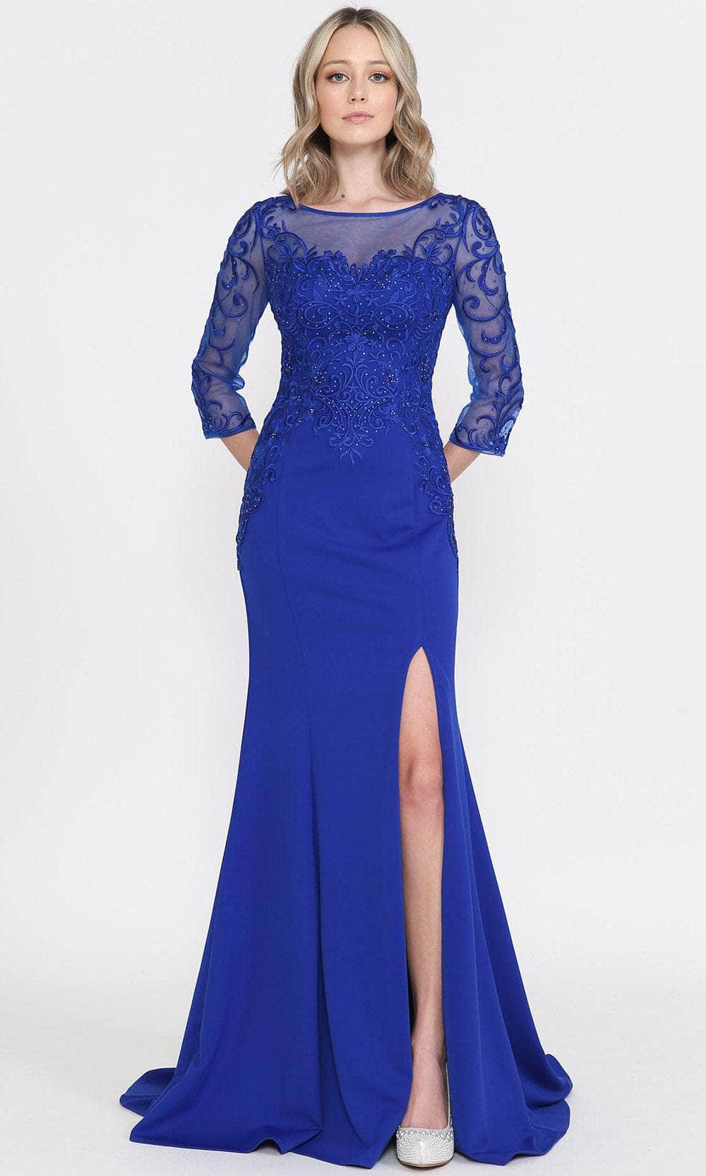 Royal Bateau Floor-Length Lace Formal Trumpet Gown with Illusion Quarter Sleeves Poly USA 8564