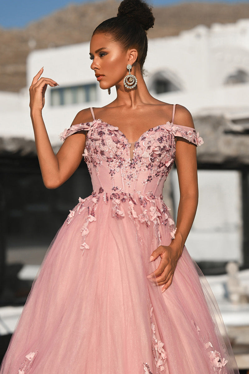 Pink Off-the-Shoulder Floor-Length Tulle Quinceañera Dress Floral Applique Portia & Scarlett PS26055