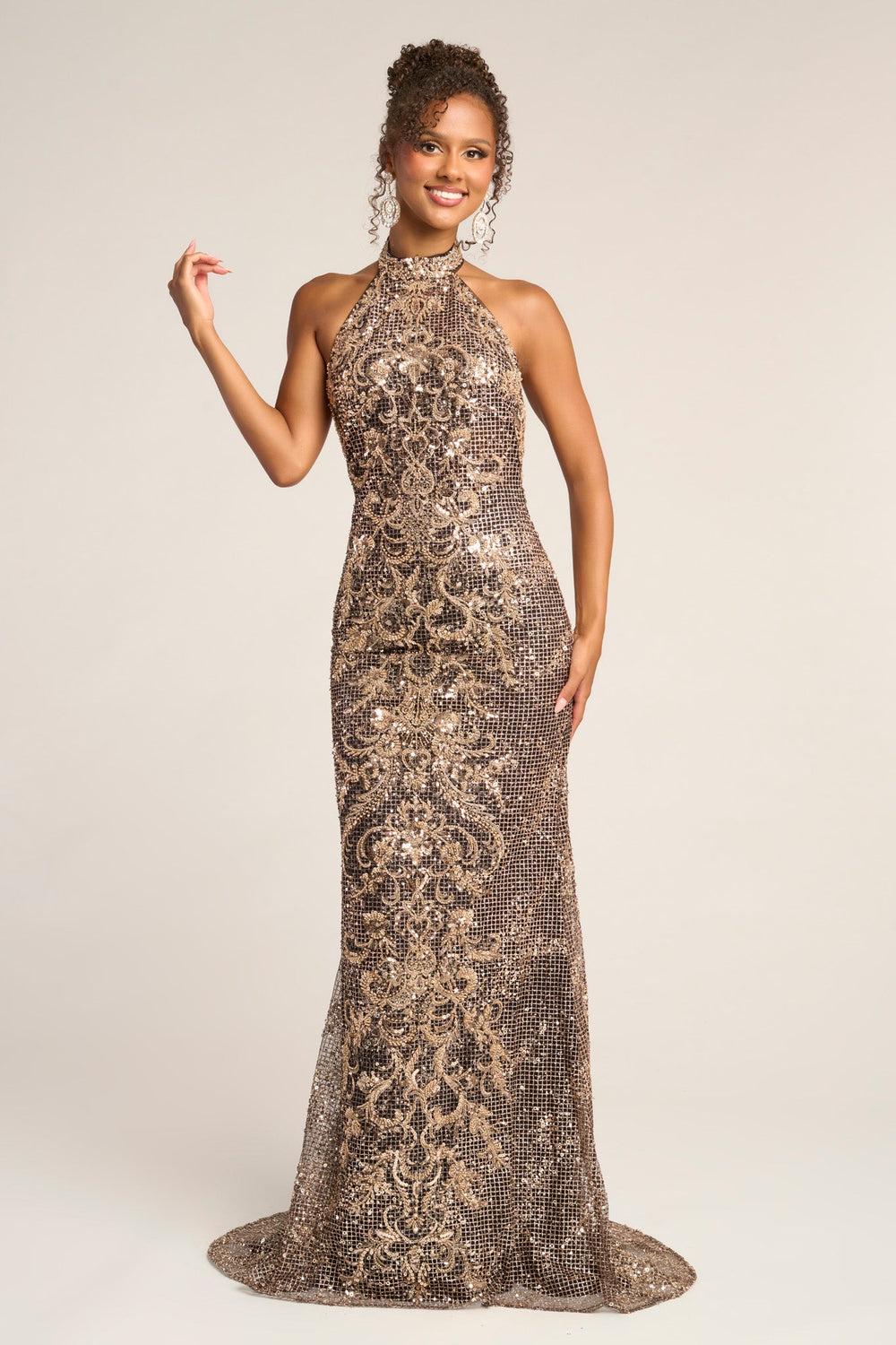 Black/Gold/Silver Halter Floor-Length Sequin Prom Evening Gown Geometric Pattern Portia & Scarlett PS26324E
