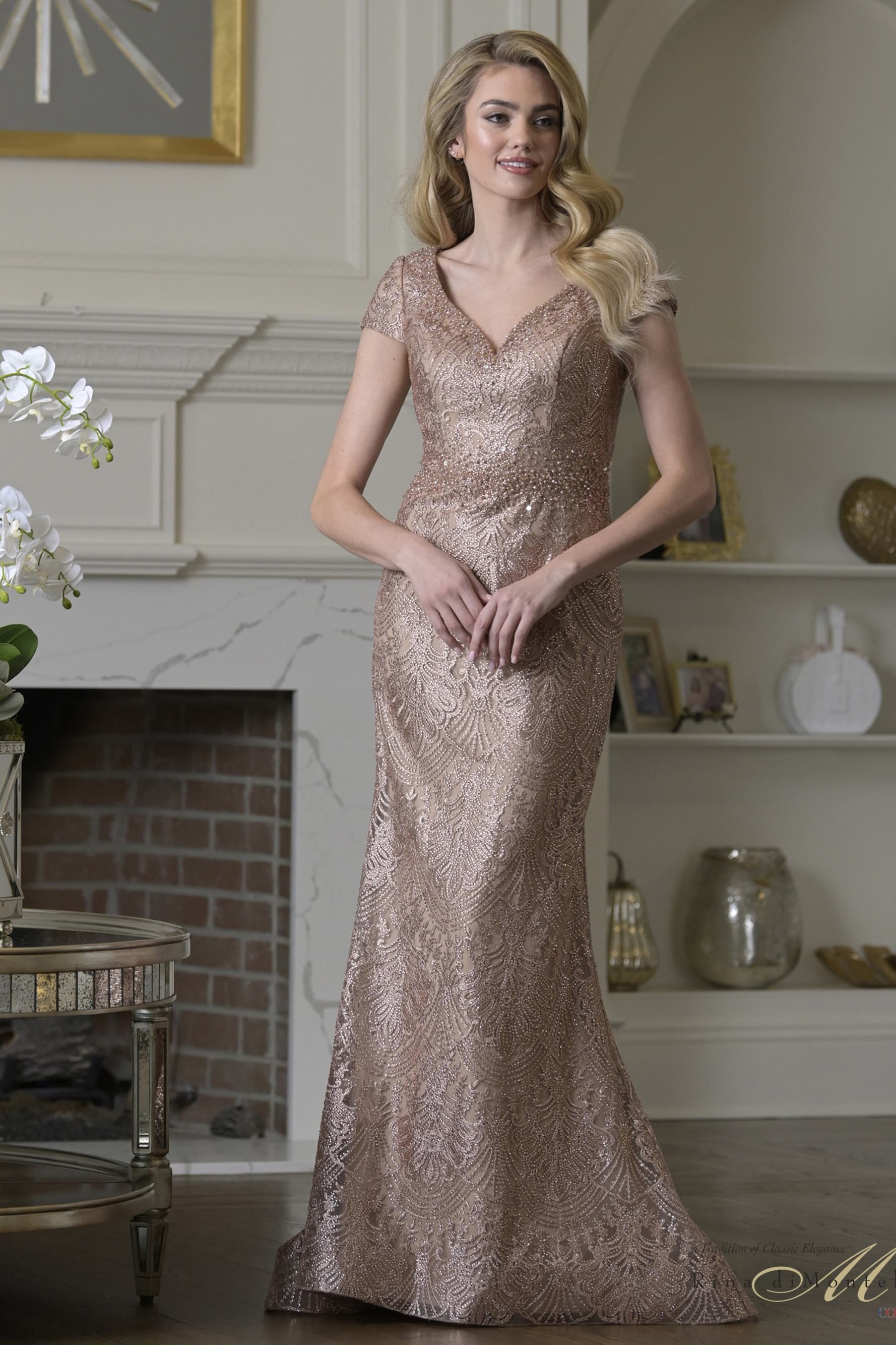 V-Neck Floor-Length Lace Formal Sheath Rina di Montella RD3532