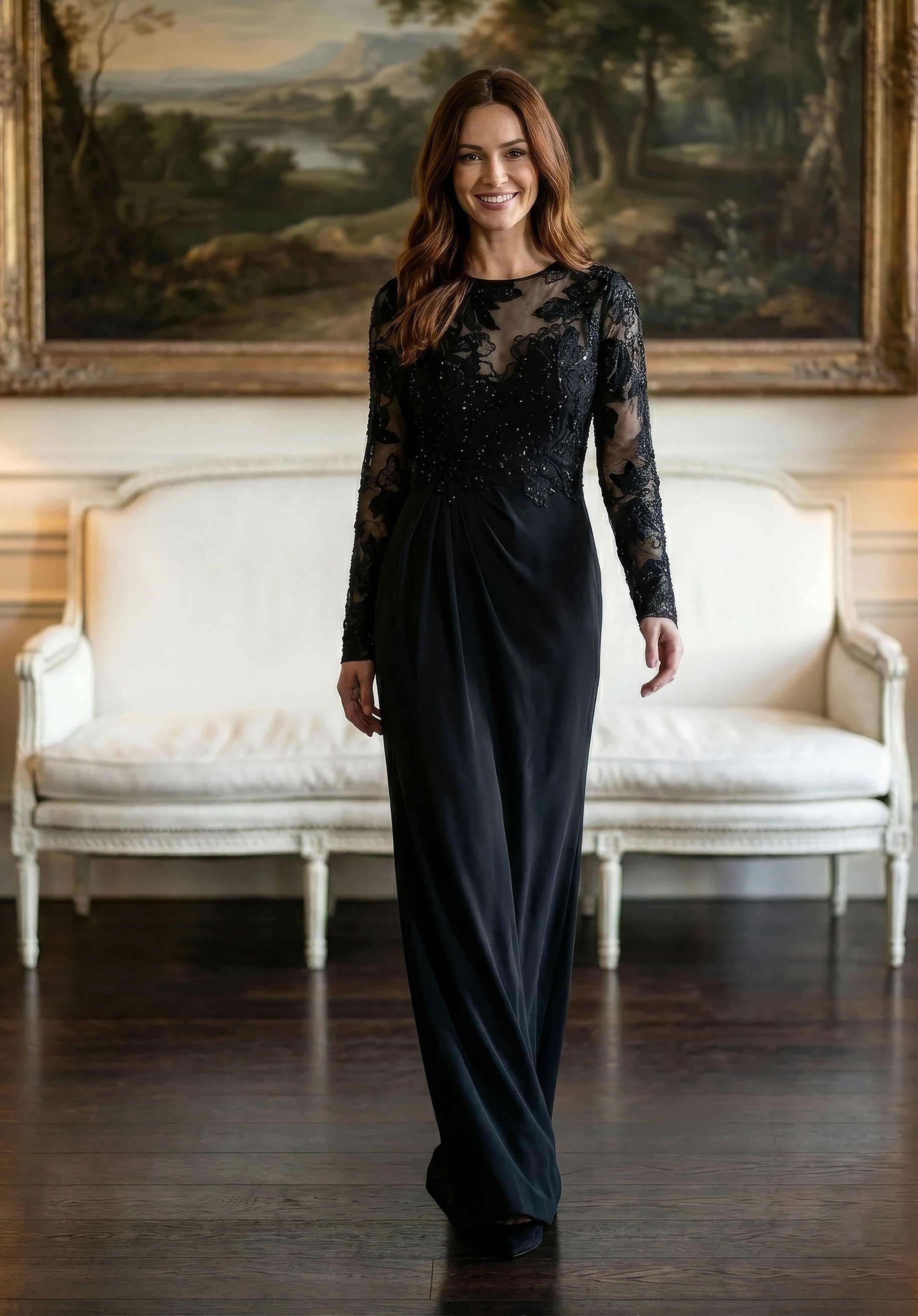 Illusion Floor-Length Lace Evening Sheath MGNY 2070037