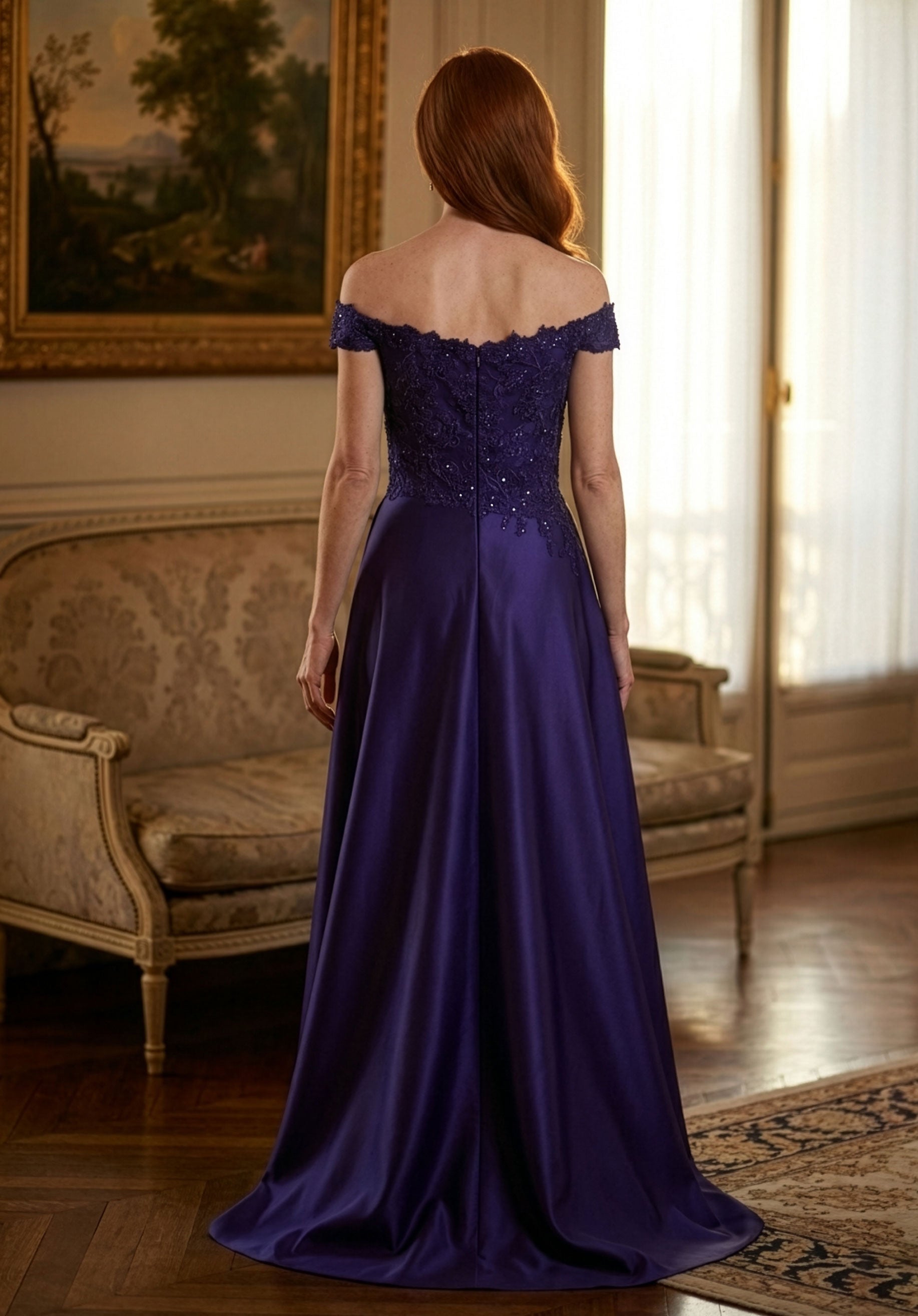 Off-the-Shoulder Floor-Length Satin Formal A-Line MGNY 2070056