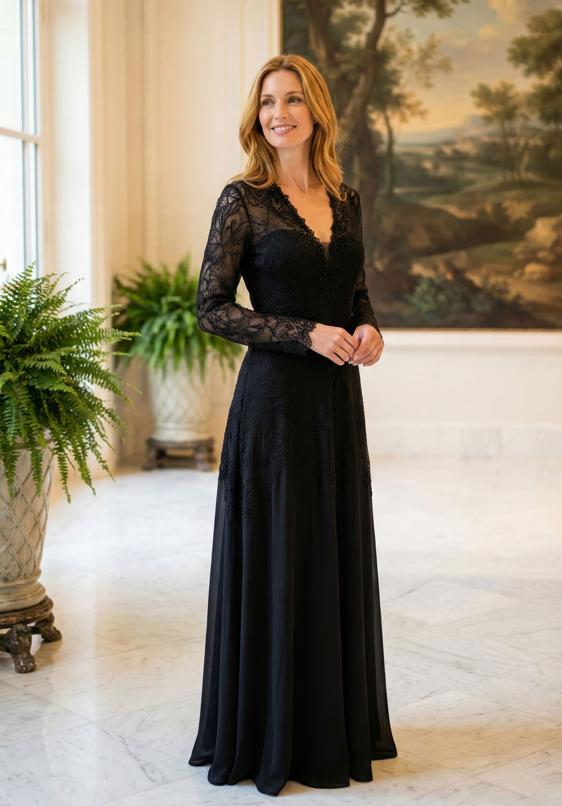 V-Neck Floor-Length Lace Formal Fit & Flare MGNY 2070060