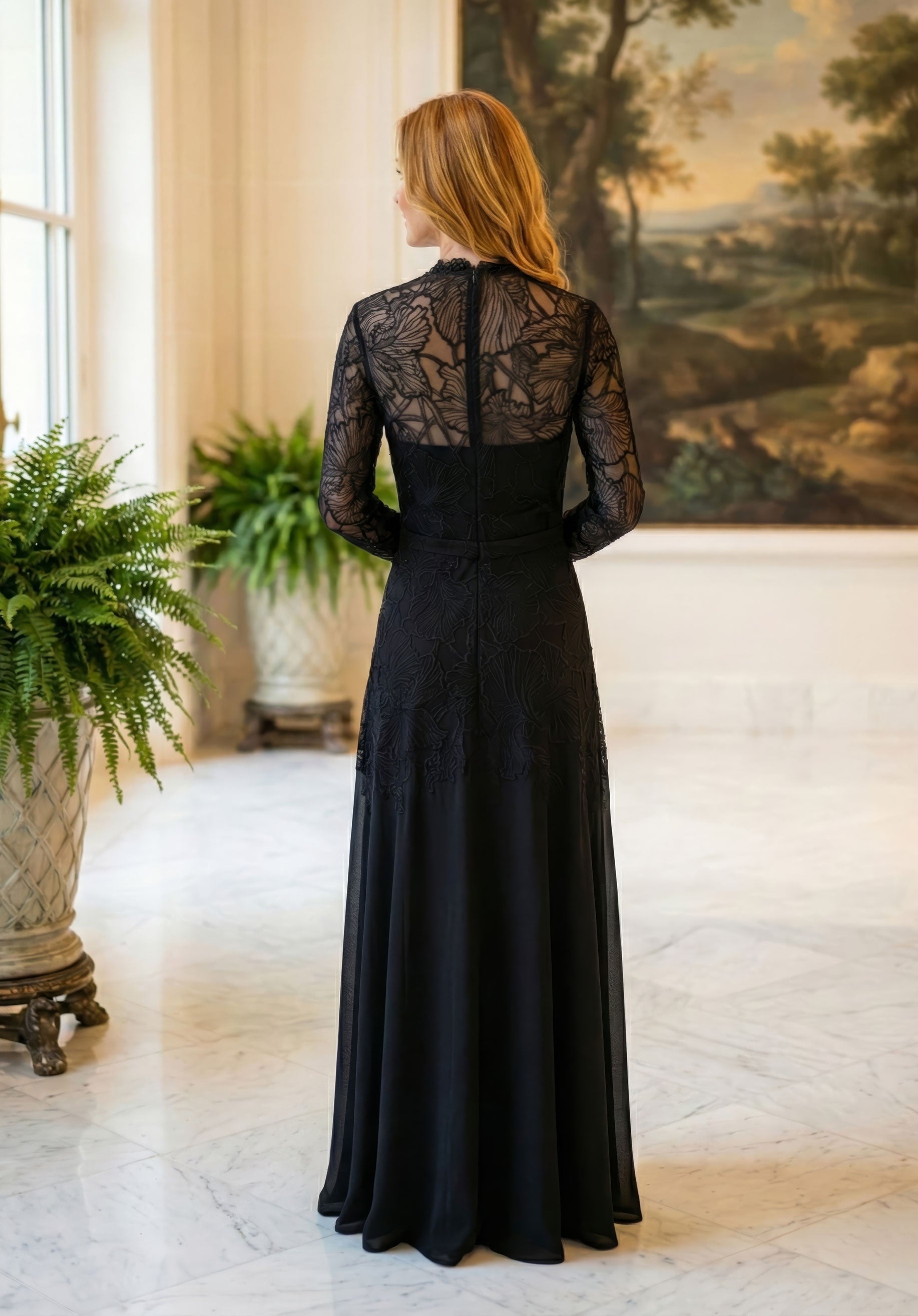 V-Neck Floor-Length Lace Formal Fit & Flare MGNY 2070060