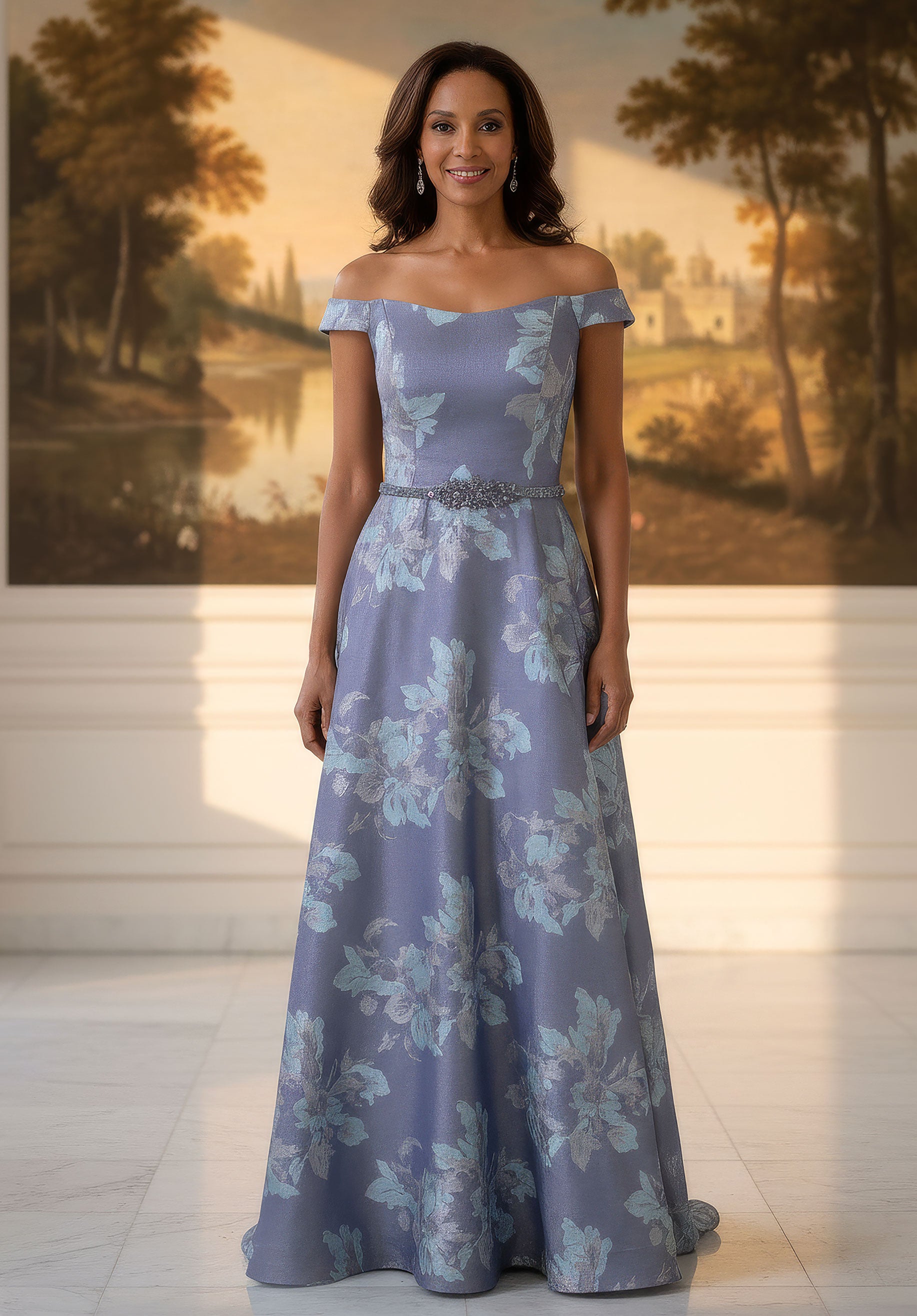 Off-the-Shoulder Floor-Length Satin Formal Ball Gown MGNY 2070064