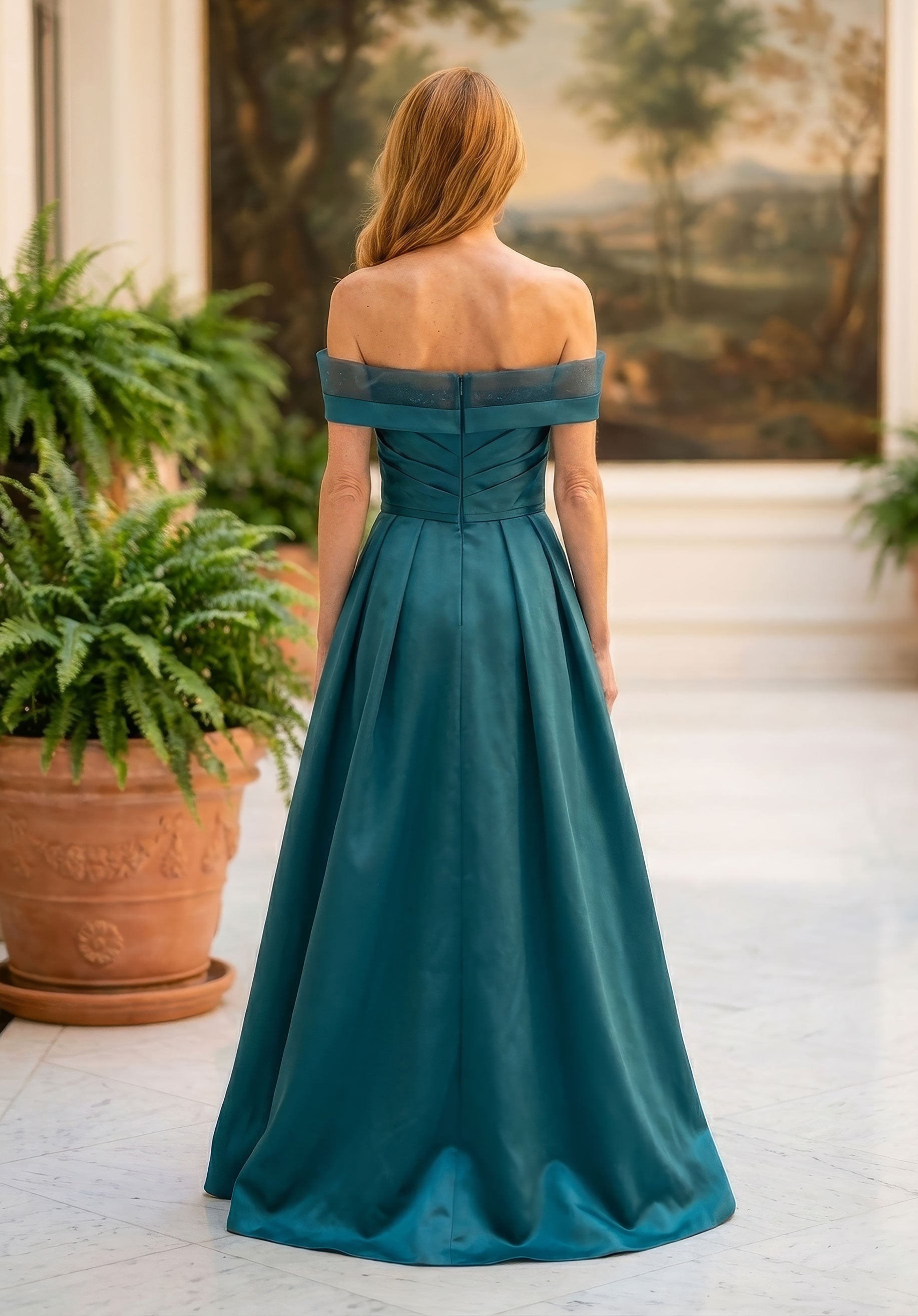 Off-the-Shoulder Floor-Length Satin Formal A-Line MGNY 2070065
