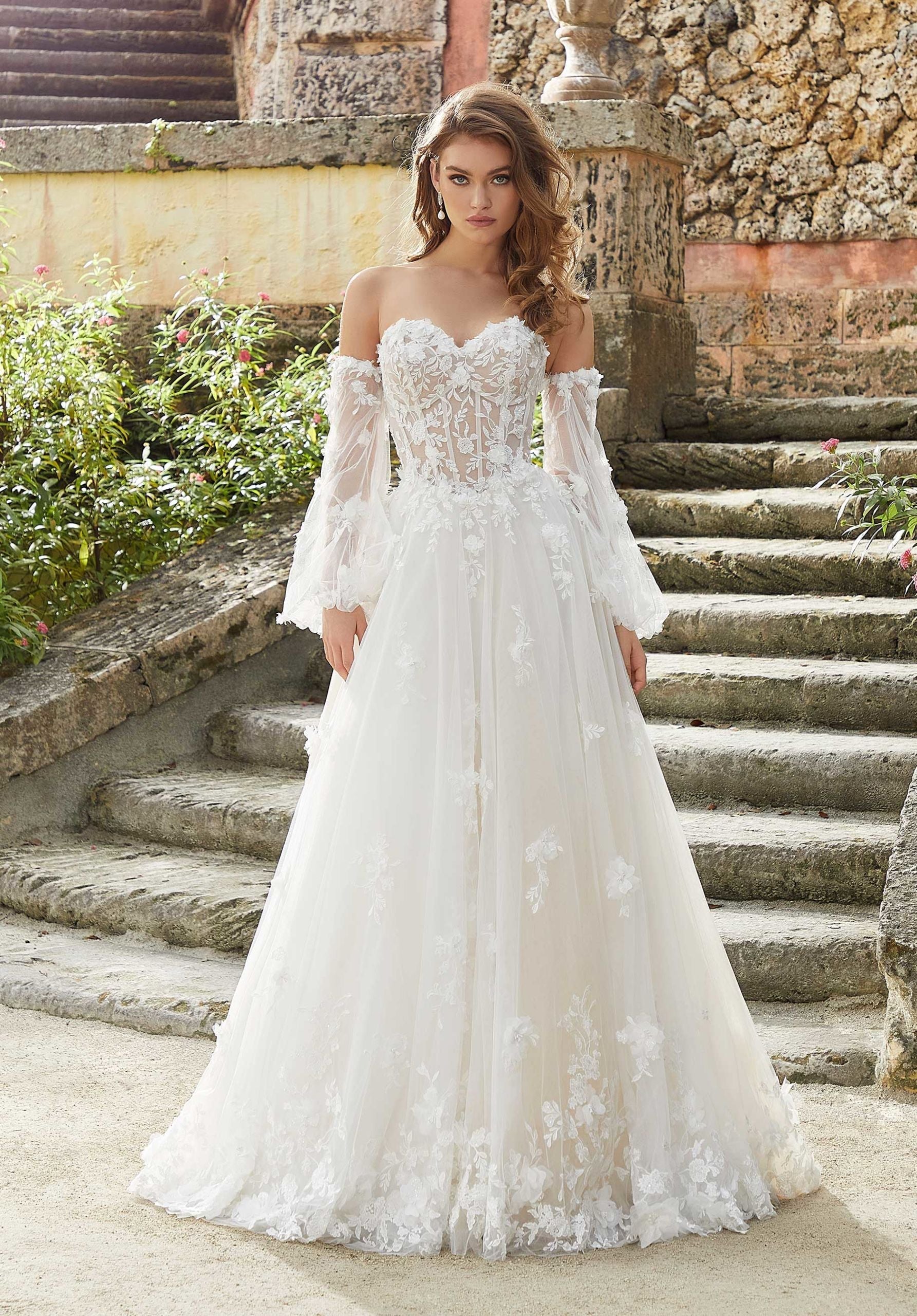 Wedding Dresses Long 3D Floral Lace Corset Bridal Wedding Dress MGNY Madeline Gardner New York 2461 Ivory/Prosecco/Honey