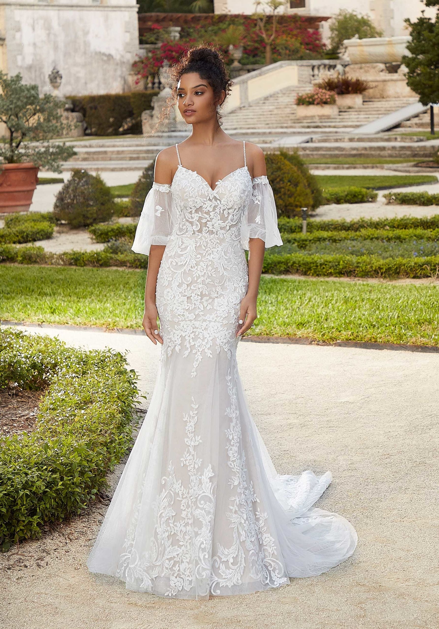 Wedding Dresses Long Bridal Lace Mermaid Wedding Dress MGNY Madeline Gardner New York 2469 Ivory/Cappuccino/Honey