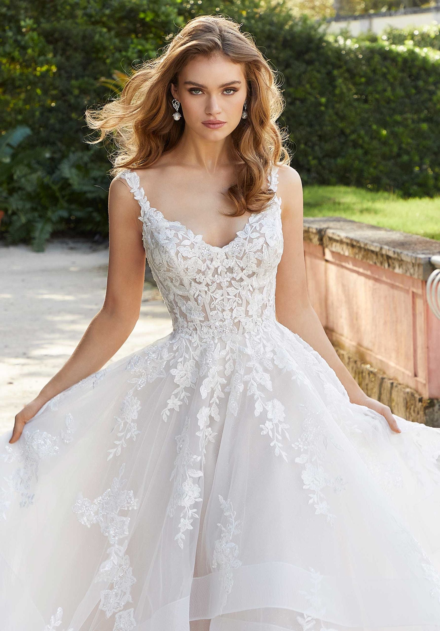 Wedding Dresses Long Lace Ruffle Wedding Bridal Dress MGNY Madeline Gardner New York 2470 Ivory/Champagne/Honey