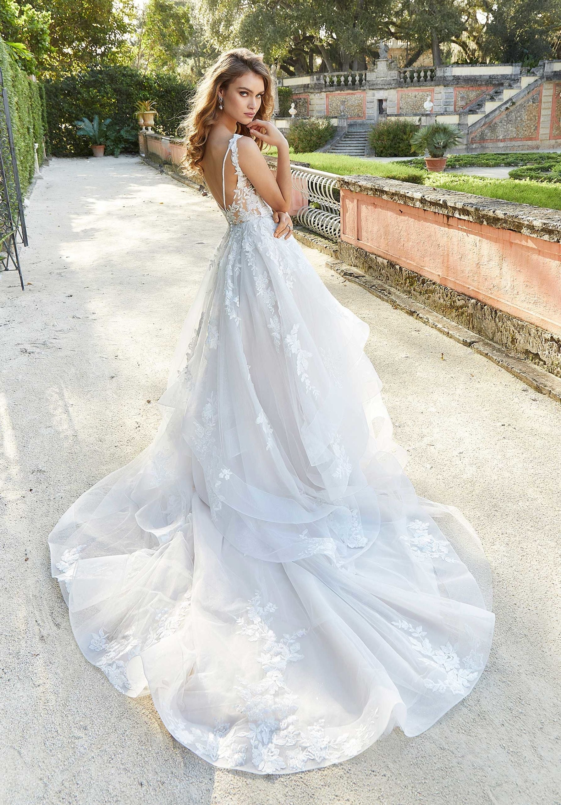 Wedding Dresses Long Lace Ruffle Wedding Bridal Dress MGNY Madeline Gardner New York 2470 Ivory/Champagne/Honey