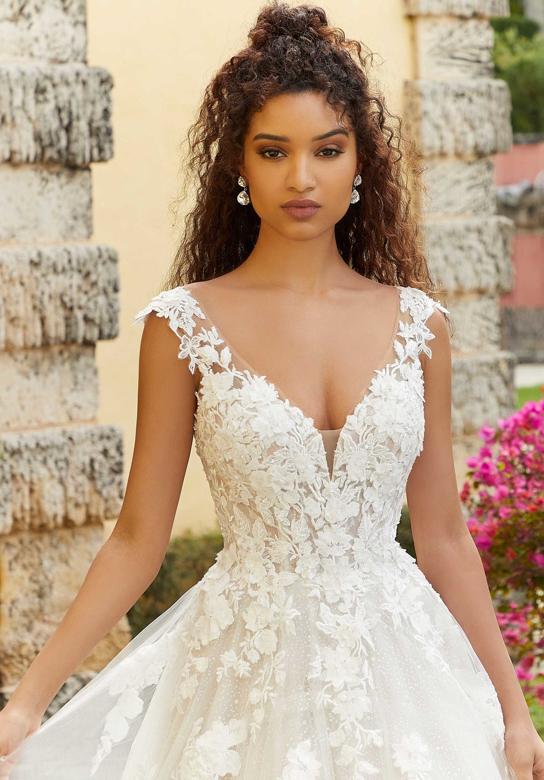 Wedding Dresses Long 3D Floral Bridal Lace Wedding Dress MGNY Madeline Gardner New York 2476 Ivory/Almond/Honey