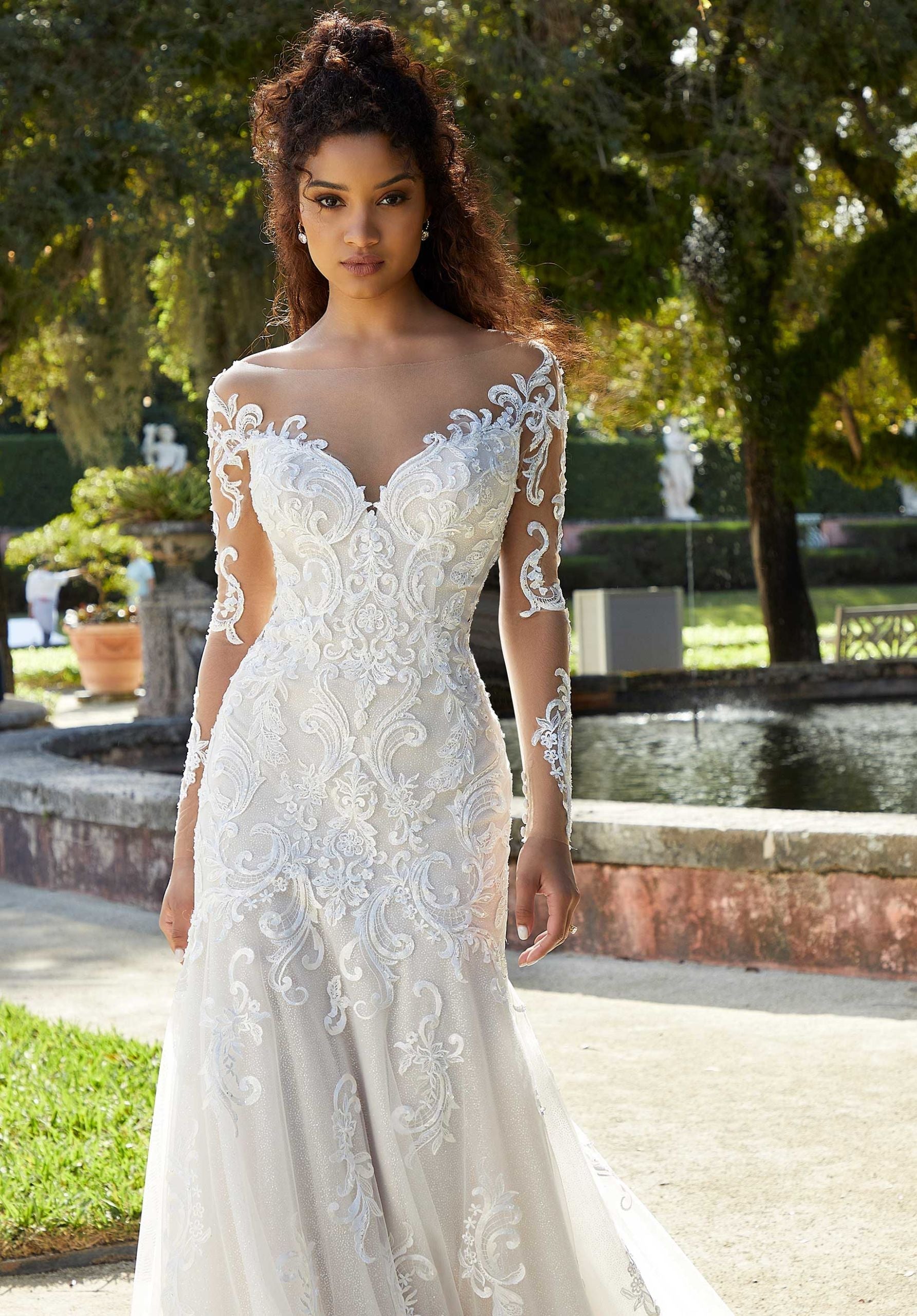 Wedding Dresses Lace Beaded Bridal Long Sleeve Wedding Dress MGNY Madeline Gardner New York 2481 Ivory/Cappuccino/Honey