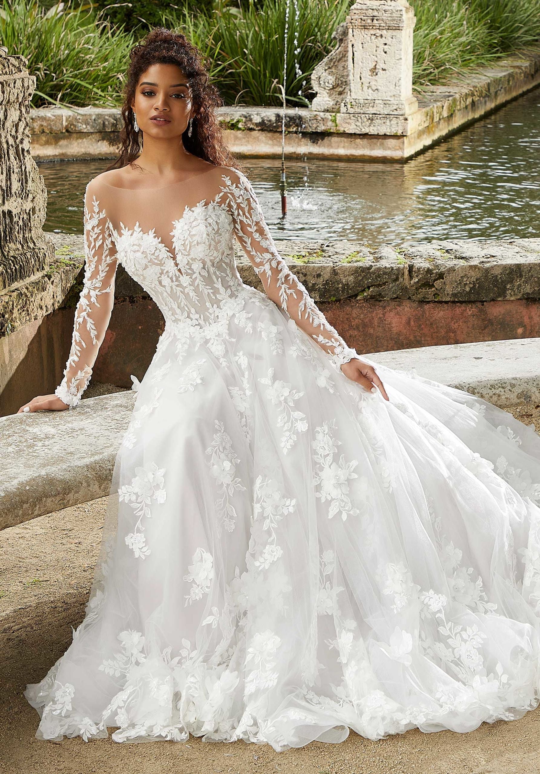 Wedding Dresses Long Sleeve 3D Floral Wedding Bridal Gown MGNY Madeline Gardner New York 2483 Ivory/Smoky Lavender/Honey