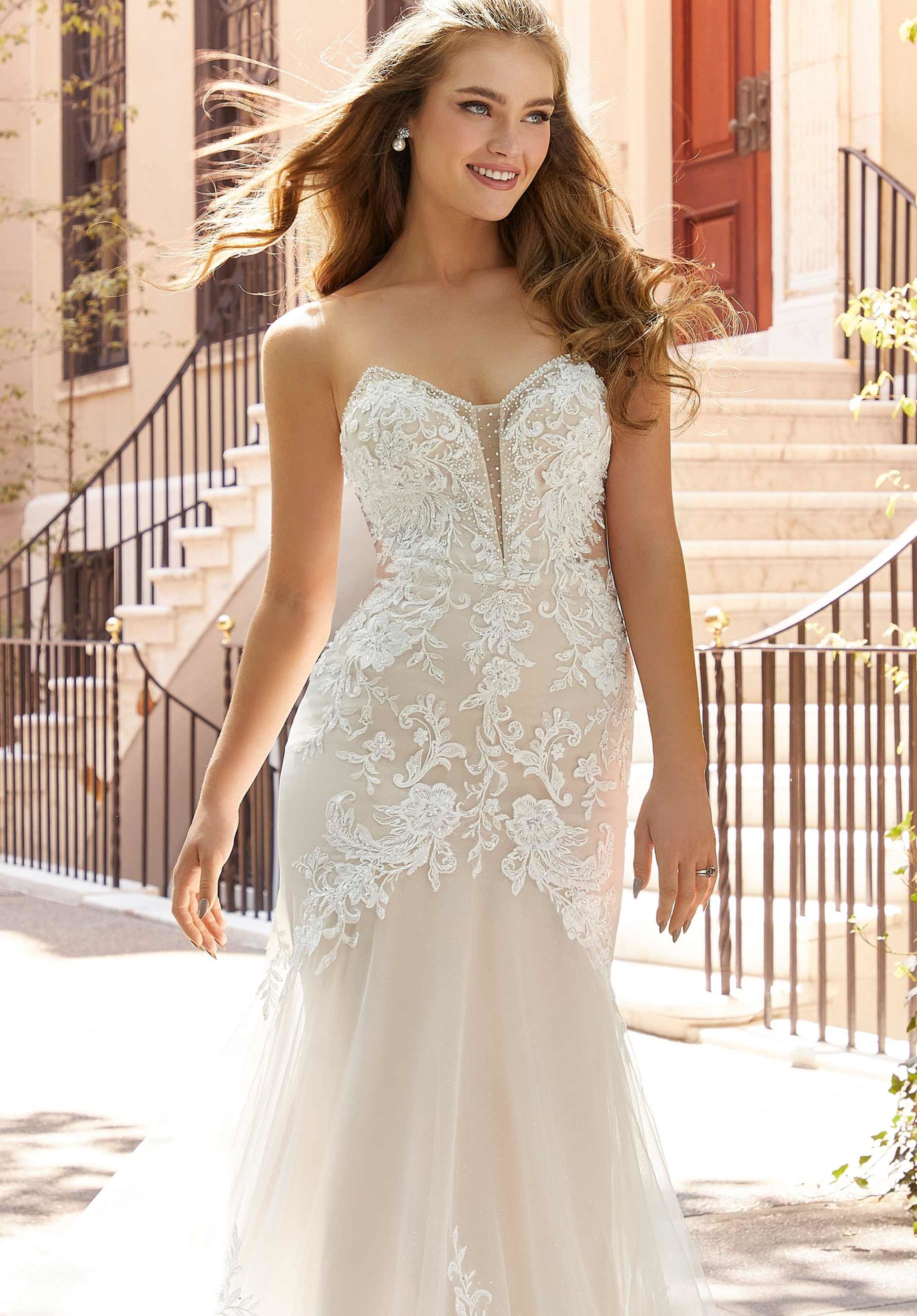 Wedding Dresses Long Bridal Beaded Floral Lace Wedding Dress MGNY Madeline Gardner New York 2509 Ivory/Cappuccino/Honey