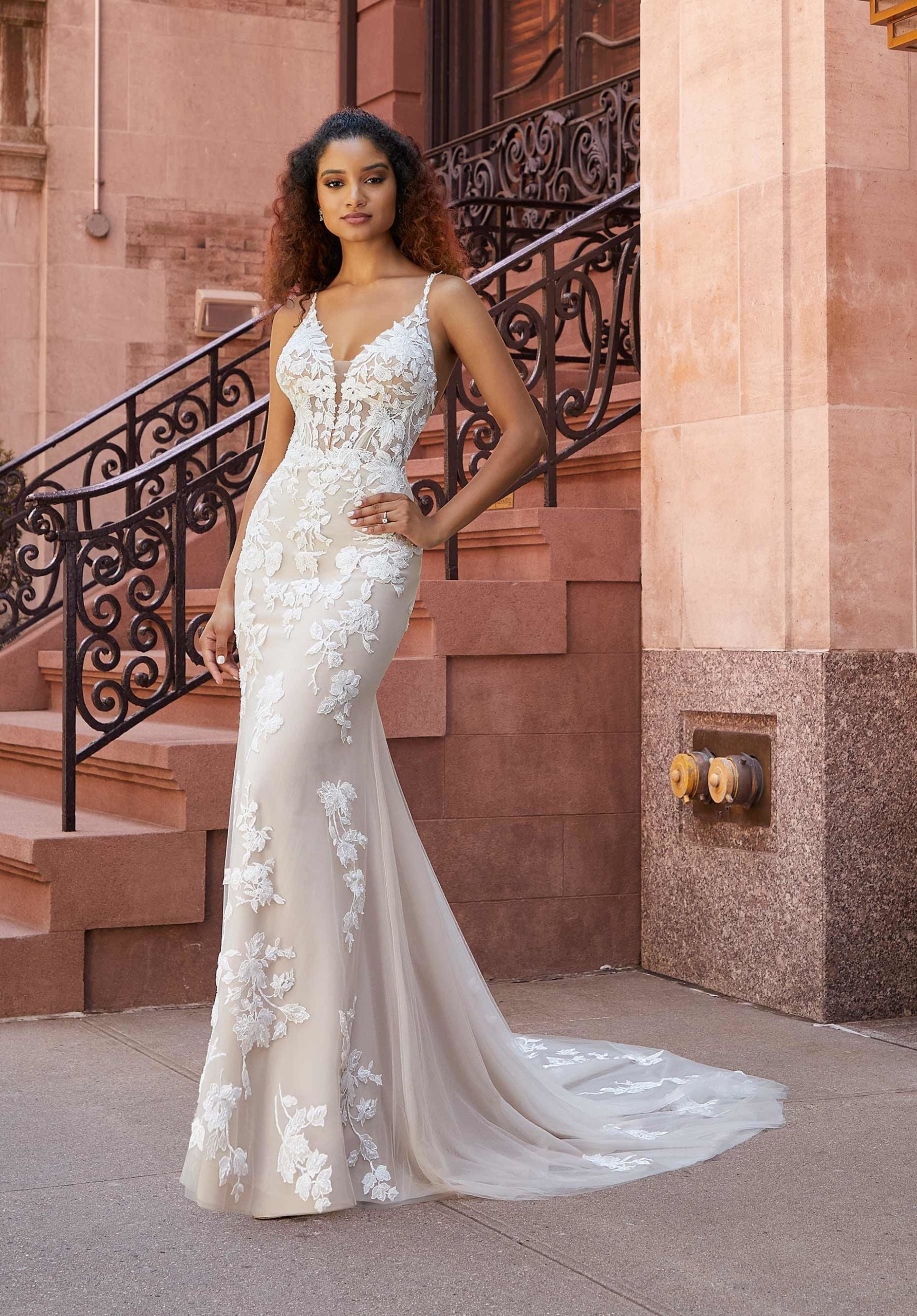 Wedding Dresses Long Mermaid Lace Wedding Bridal Gown MGNY Madeline Gardner New York 2511 Ivory/Cappuccino/Honey