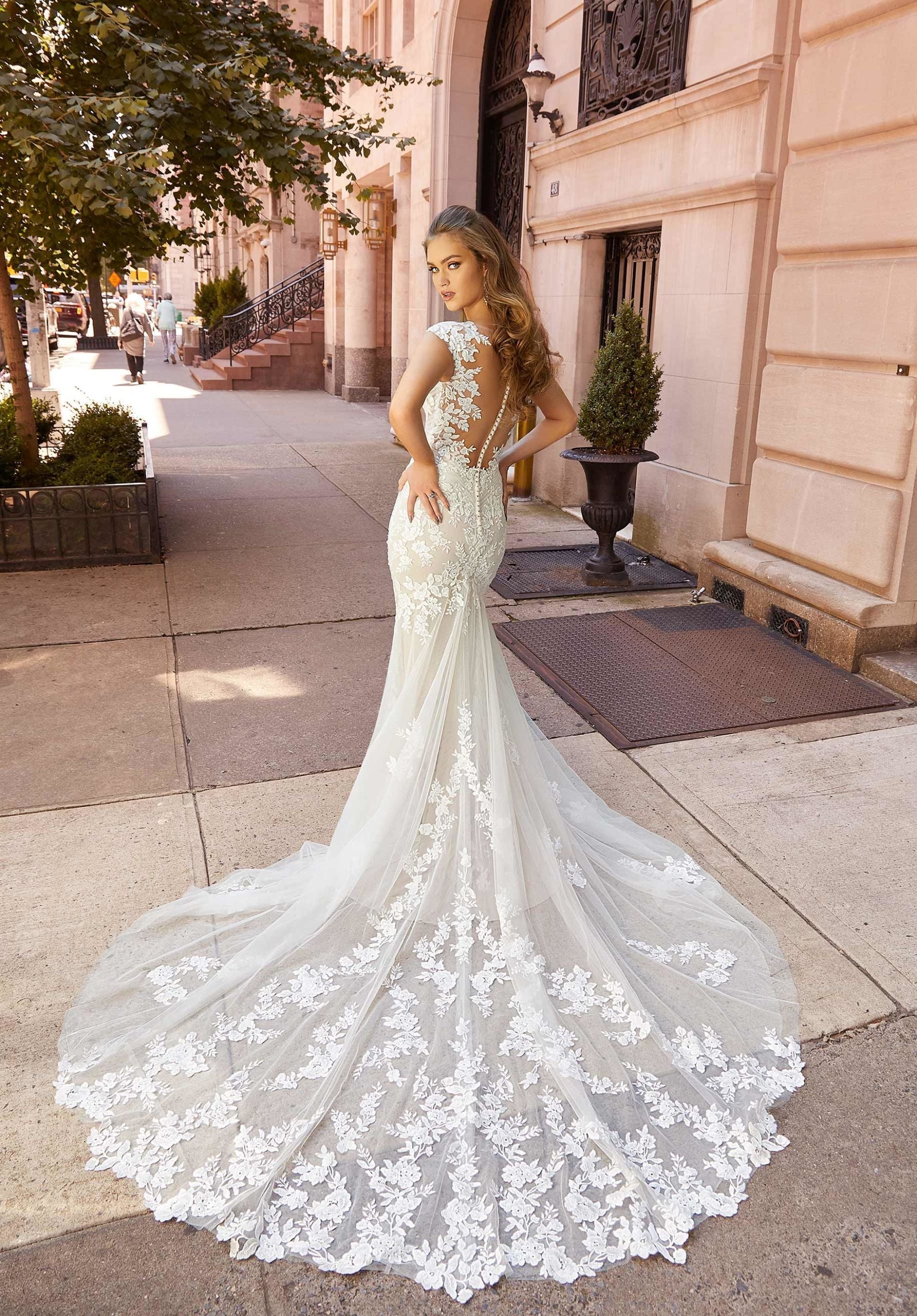 Wedding Dresses Long Bridal Fitted Lace Wedding Dress MGNY Madeline Gardner New York 2515 Ivory/Cappuccino/Honey