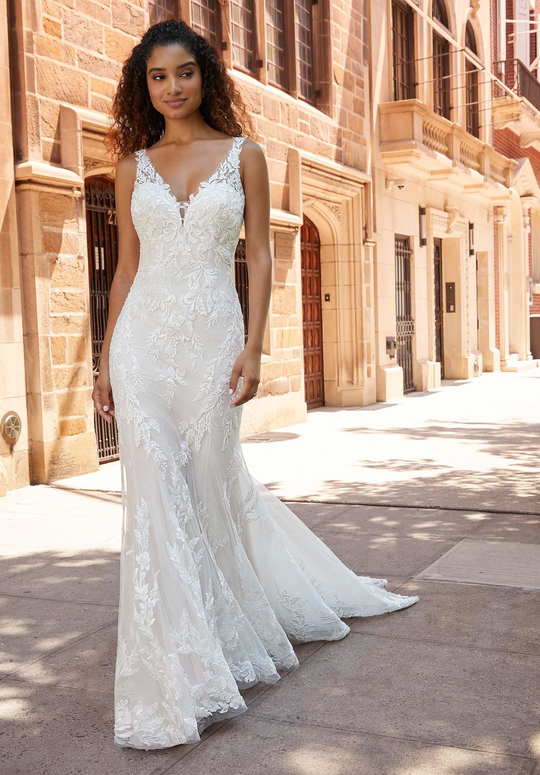Wedding Dresses Long Lace Wedding Bridal Fitted Dress MGNY Madeline Gardner New York 2521 Ivory/Champagne/Honey