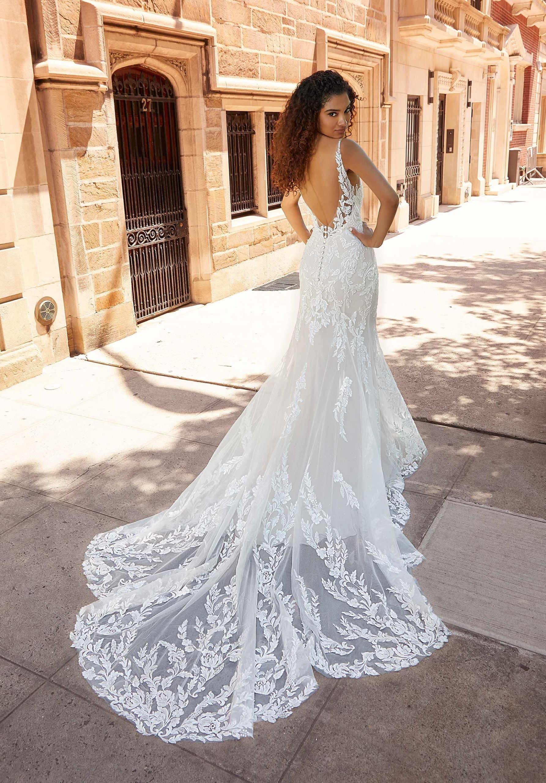 Wedding Dresses Long Lace Wedding Bridal Fitted Dress MGNY Madeline Gardner New York 2521 Ivory/Champagne/Honey