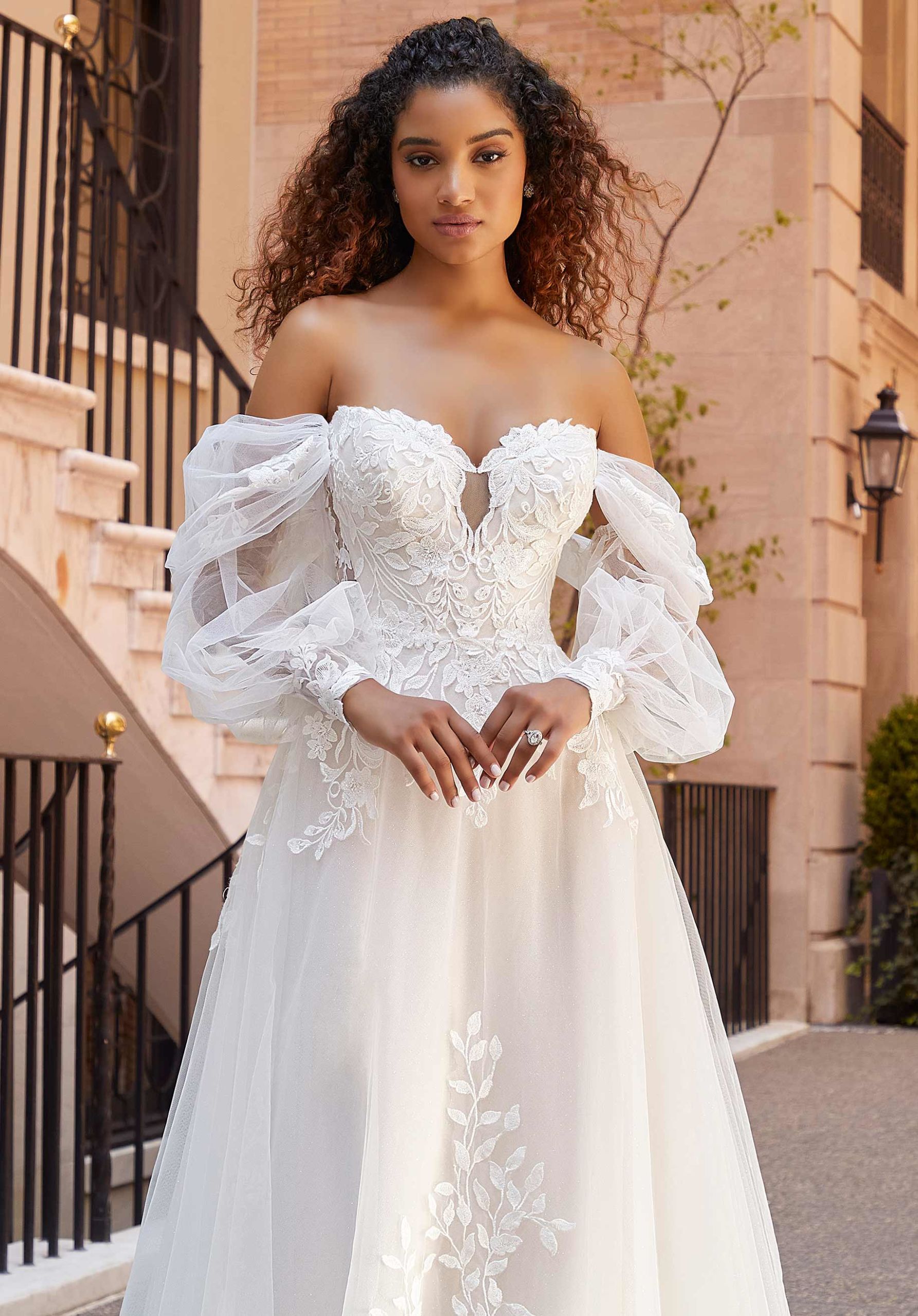 Wedding Dresses Lace A Line Long Wedding Bridal Dress MGNY Madeline Gardner New York 2523 Ivory/Champagne/Honey