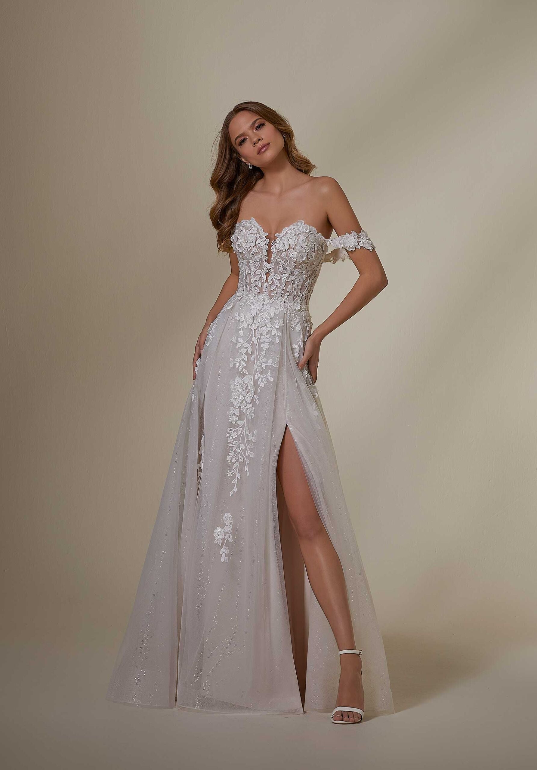 Wedding Dresses Long Glitter A Line Wedding Bridal Dress MGNY Madeline Gardner New York 2550 Ivory/Champagne/Honey