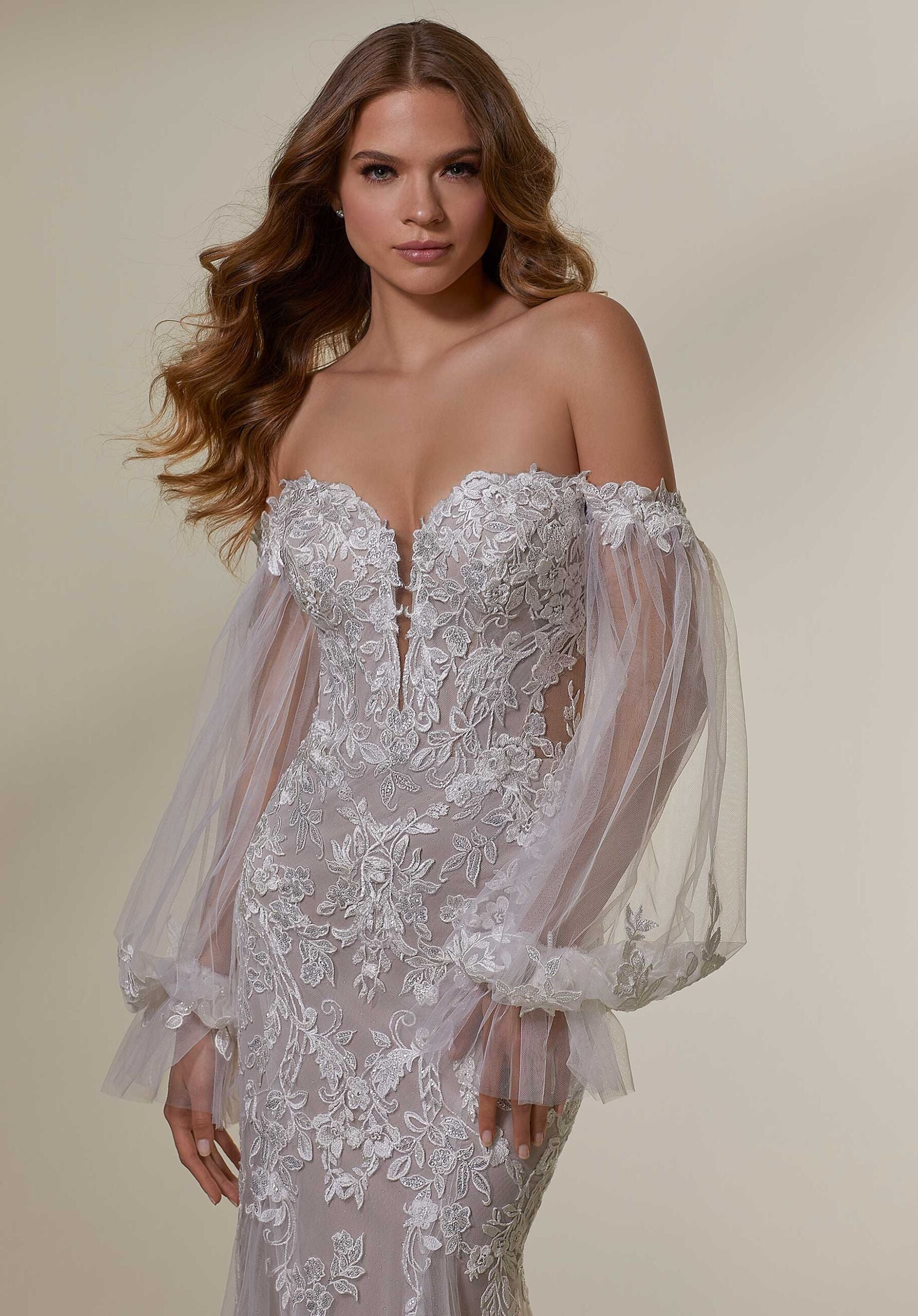 Wedding Dresses Long Lace Bridal Wedding Dress MGNY Madeline Gardner New York 2552 Ivory/Cappuccino/Honey