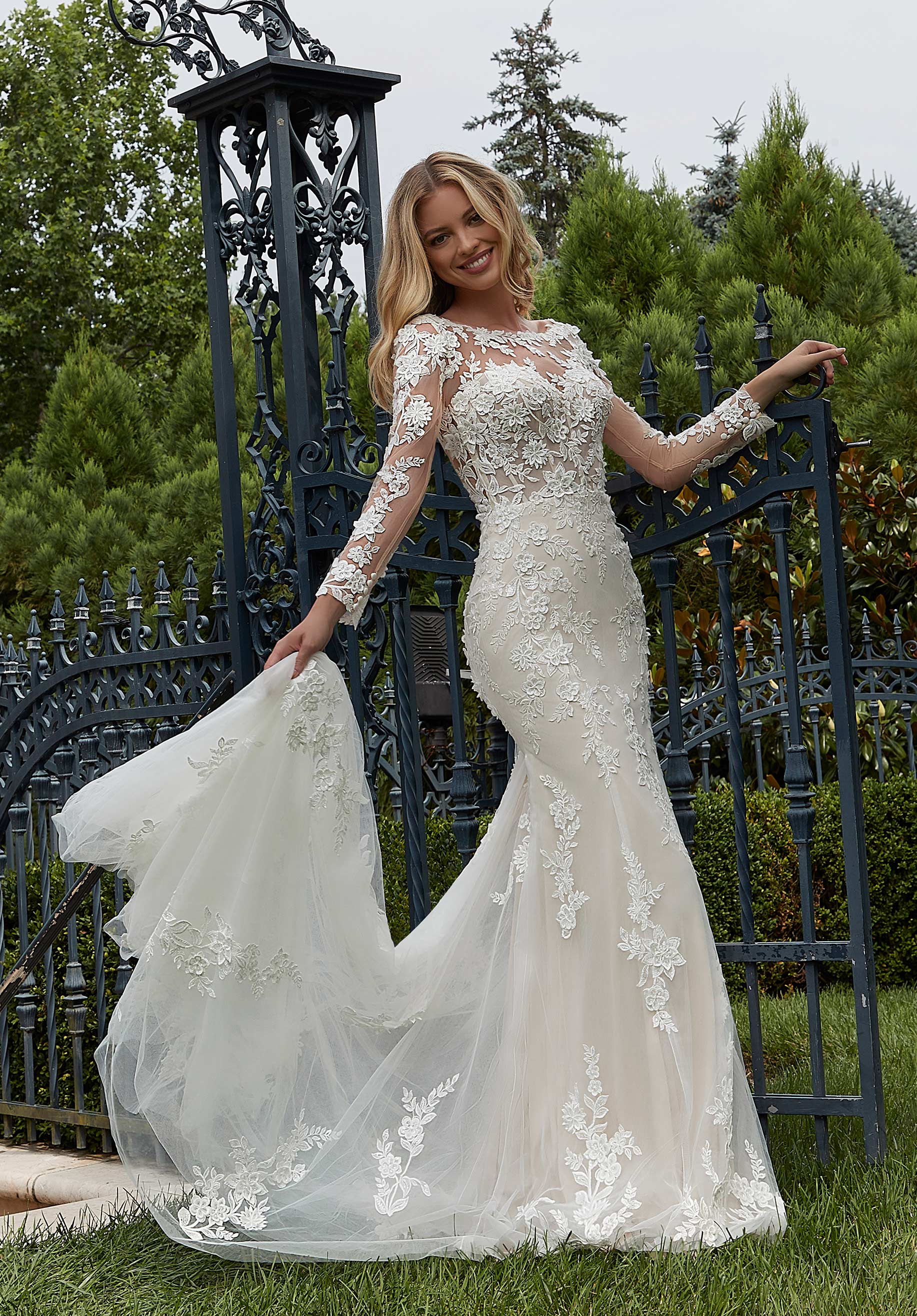 Wedding Dresses Long Wedding Bridal 3D Lace Applique Dress MGNY Madeline Gardner New York 2612 Ivory/Champagne/Honey