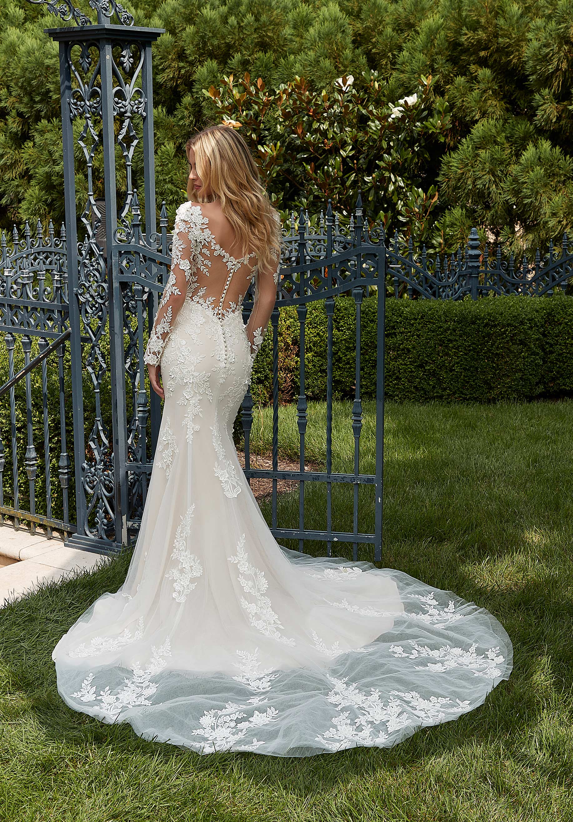 Wedding Dresses Long Wedding Bridal 3D Lace Applique Dress MGNY Madeline Gardner New York 2612 Ivory/Champagne/Honey