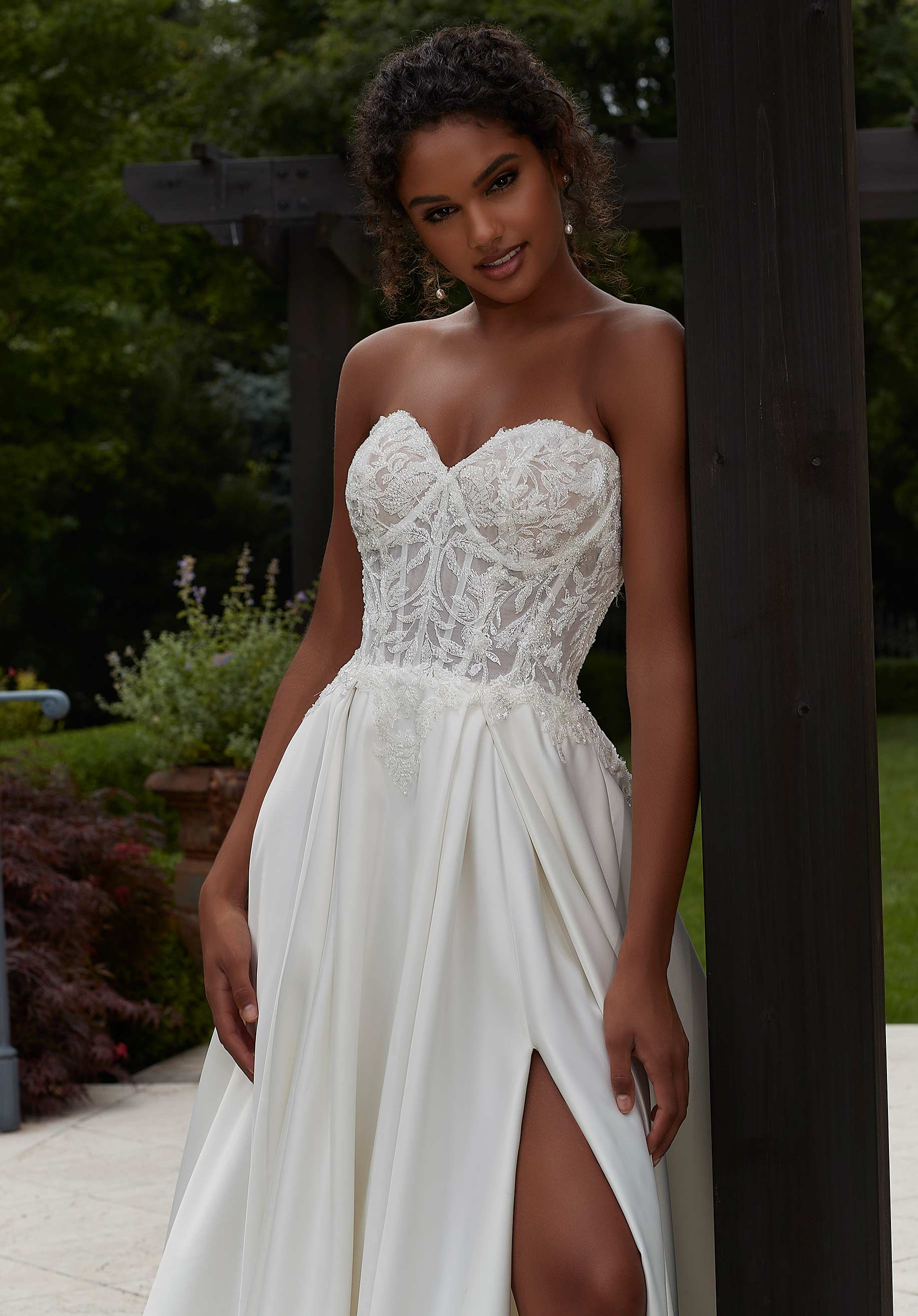 Wedding Dresses Long Wedding Pleated Bridal Lace Corset Dress MGNY Madeline Gardner New York 2623 Ivory/Honey