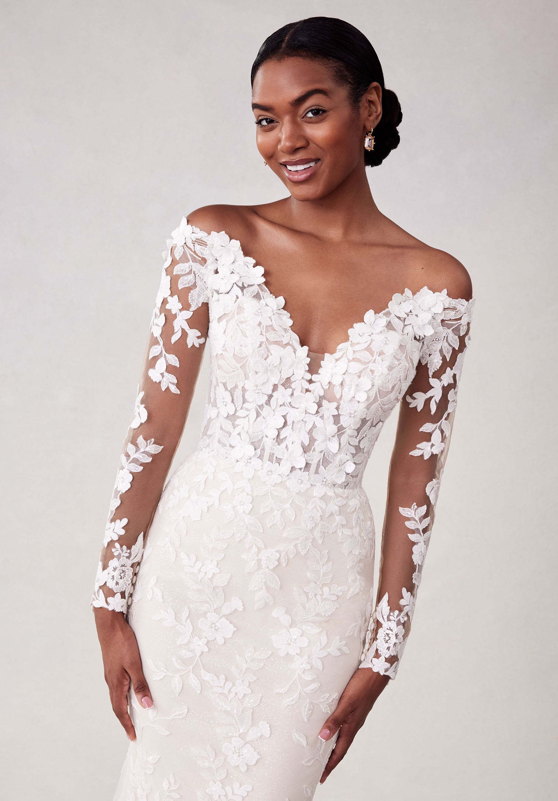 Wedding Dresses Long Glitter 3D Floral Wedding Dress Ivory/Champagne/Honey