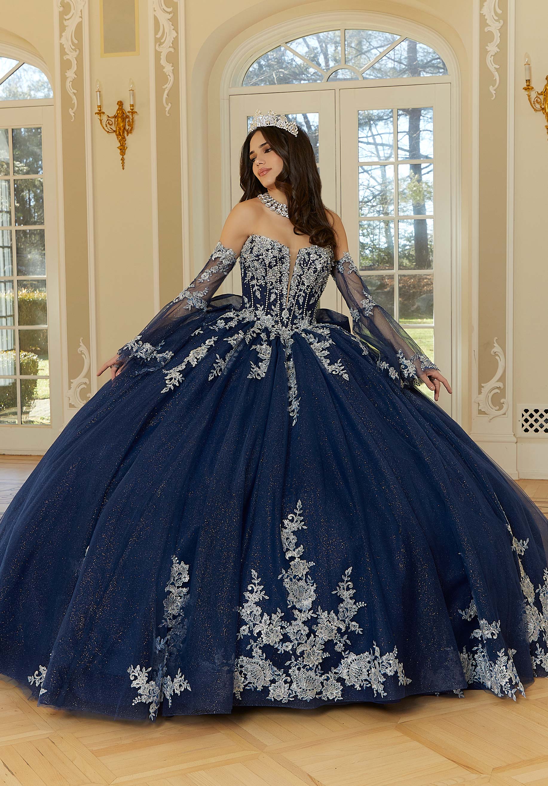 Strapless Curved Neck Floor-Length Tulle Quinceañera Ball Gown MGNY Madeline Gardner New York 34112