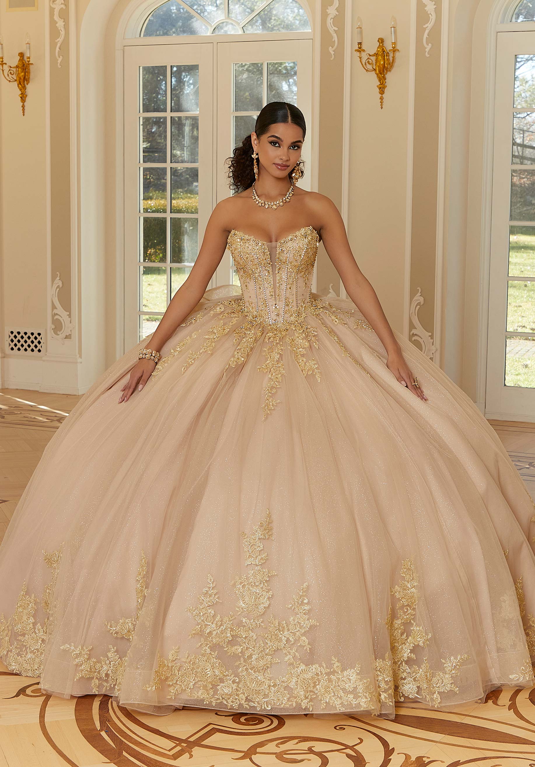 Strapless Curved Neck Floor-Length Tulle Quinceañera Ball Gown MGNY Madeline Gardner New York 34112
