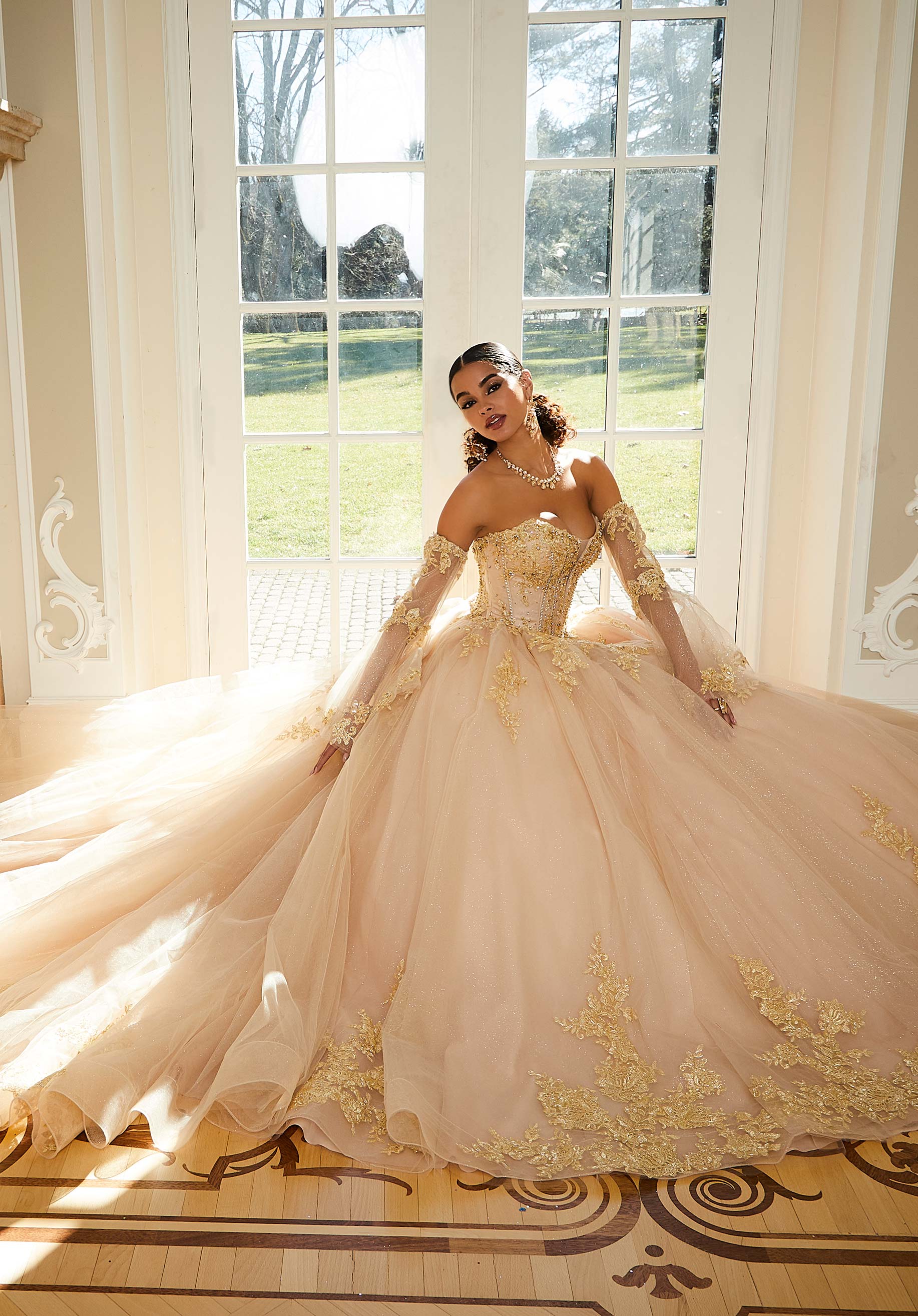 Strapless Curved Neck Floor-Length Tulle Quinceañera Ball Gown MGNY Madeline Gardner New York 34112