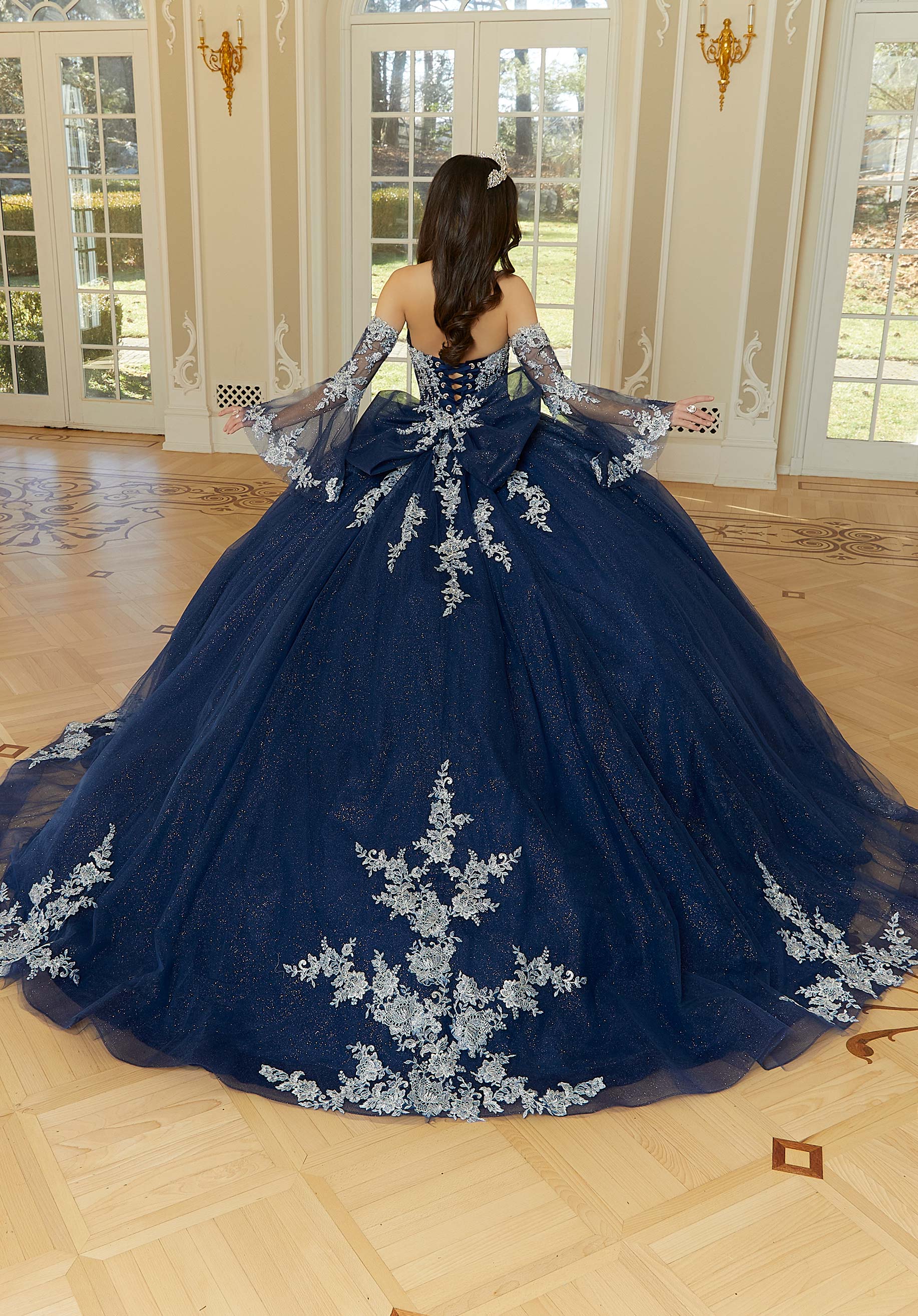 Strapless Curved Neck Floor-Length Tulle Quinceañera Ball Gown MGNY Madeline Gardner New York 34112