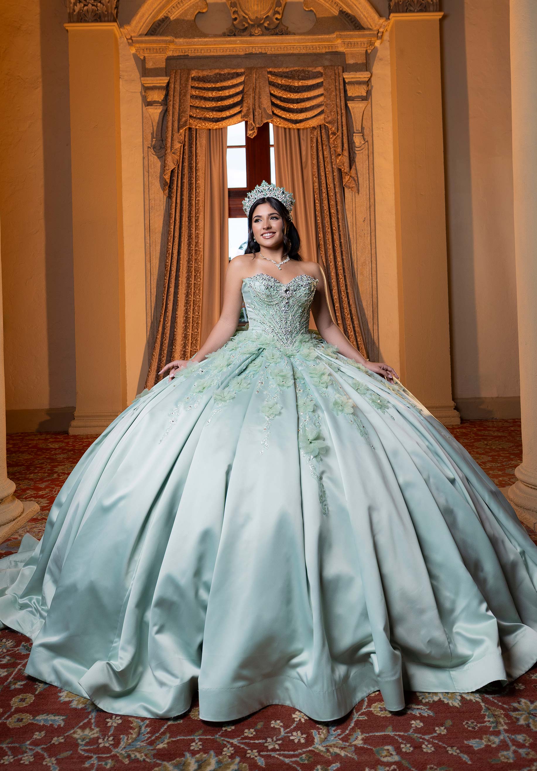 Strapless Curved Neck Floor-Length Satin Quinceañera Ball Gown MGNY Madeline Gardner New York 4080006