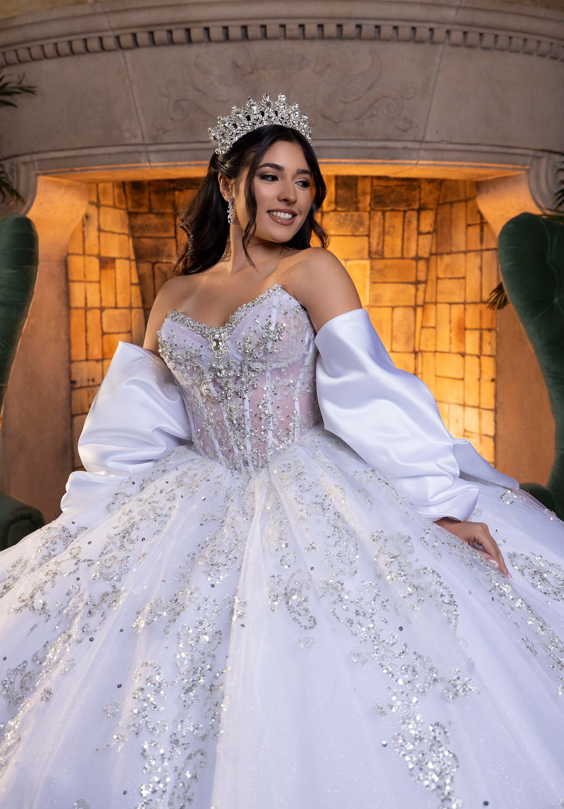 Strapless Curved Neck Floor-Length Tulle Quinceañera Ball Gown MGNY Madeline Gardner New York 4080008