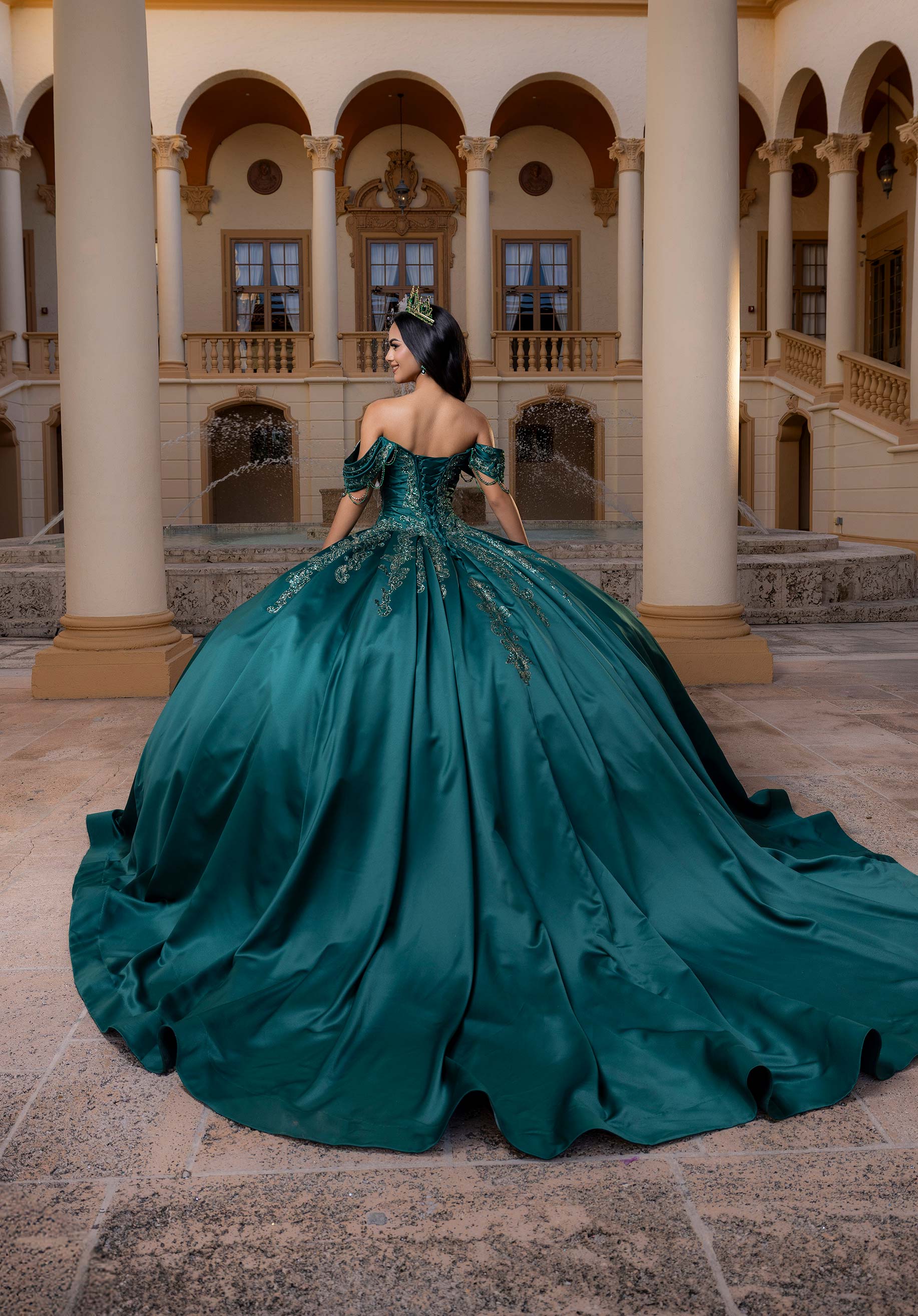 Off-the-Shoulder Floor-Length Satin Quinceañera Ball Gown MGNY Madeline Gardner New York 4080011