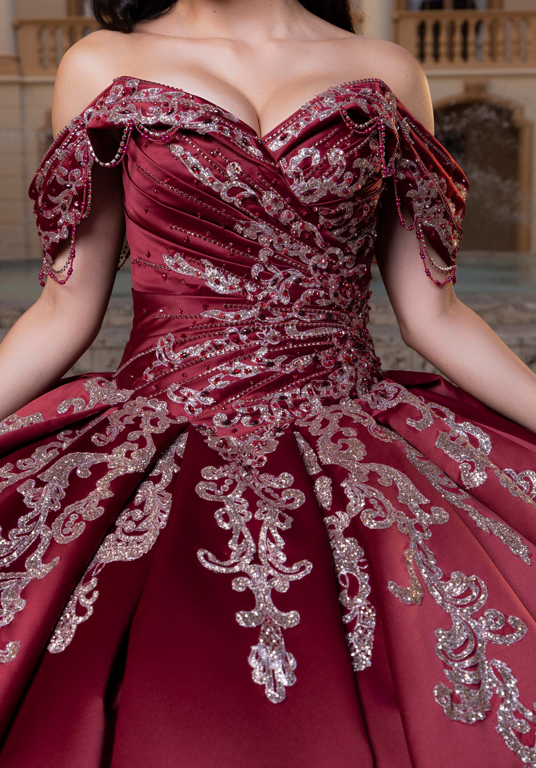 Off-the-Shoulder Floor-Length Satin Quinceañera Ball Gown MGNY Madeline Gardner New York 4080011