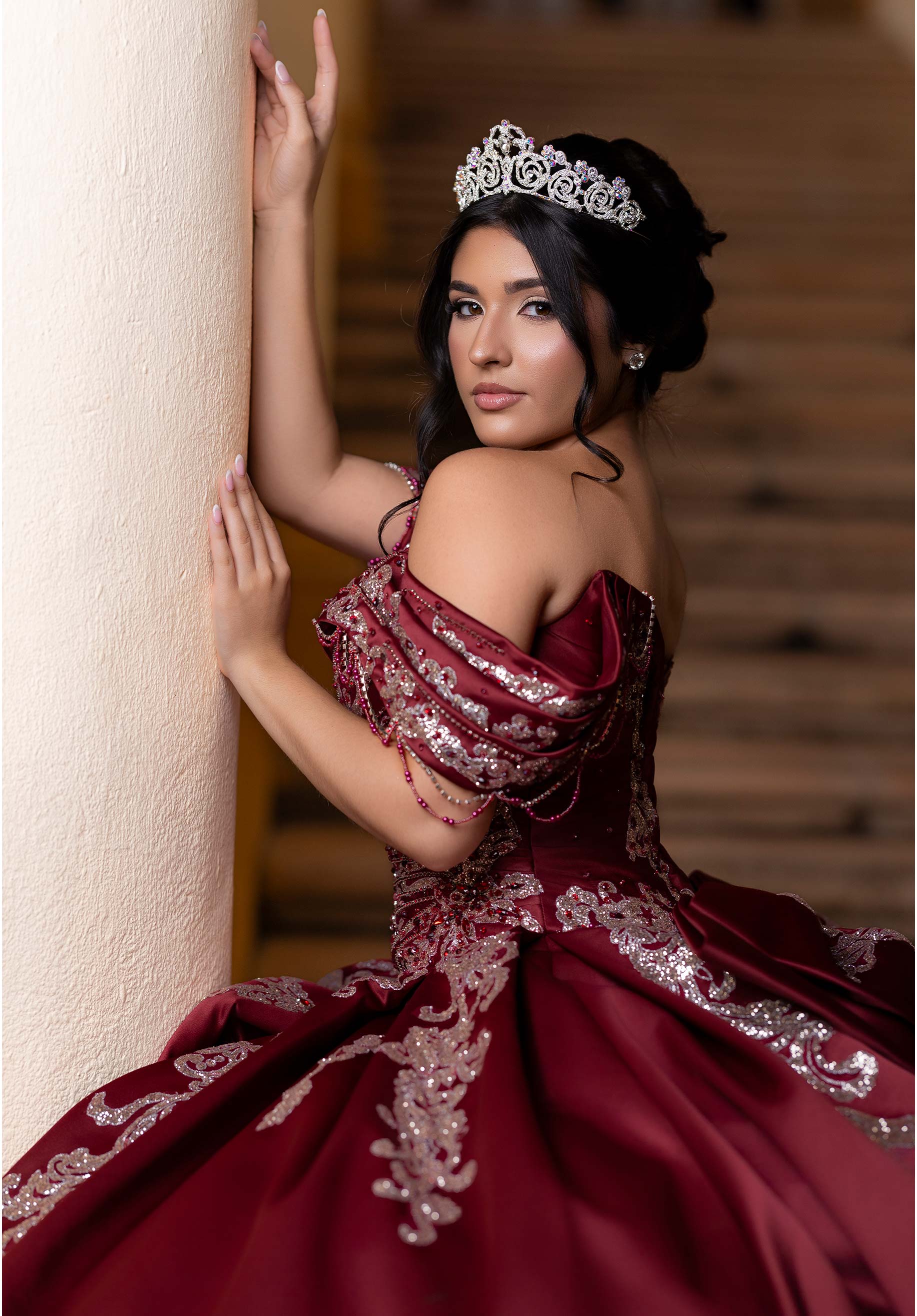 Off-the-Shoulder Floor-Length Satin Quinceañera Ball Gown MGNY Madeline Gardner New York 4080011