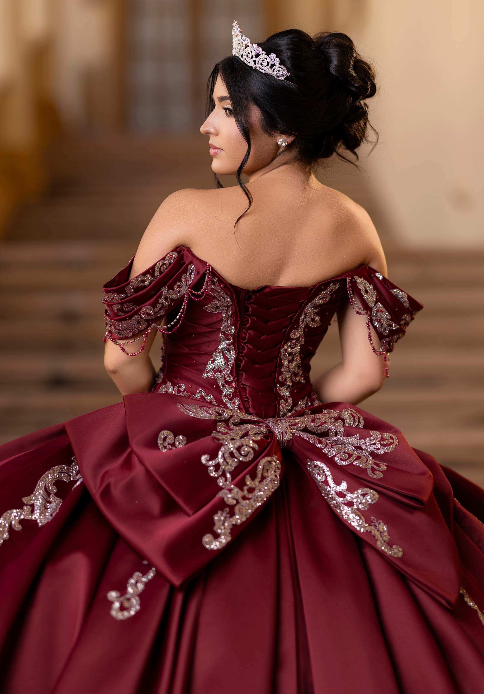 Off-the-Shoulder Floor-Length Satin Quinceañera Ball Gown MGNY Madeline Gardner New York 4080011