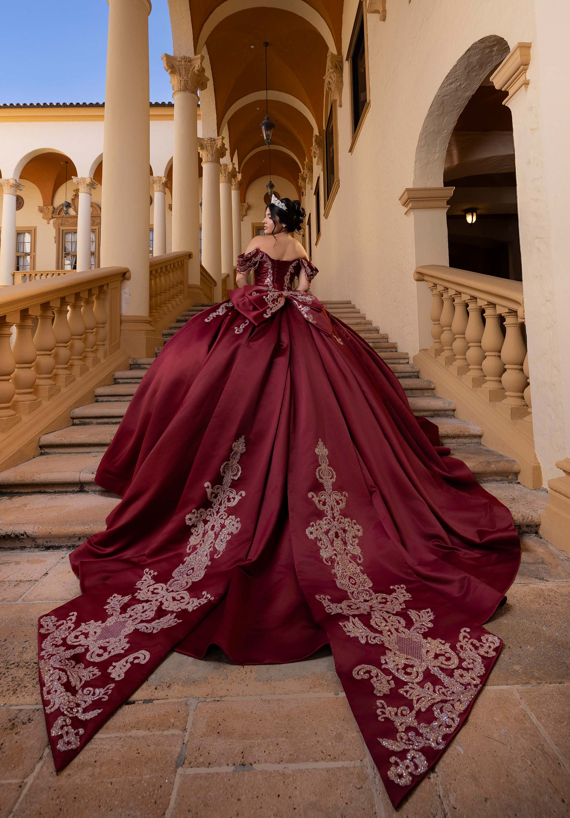Off-the-Shoulder Floor-Length Satin Quinceañera Ball Gown MGNY Madeline Gardner New York 4080011
