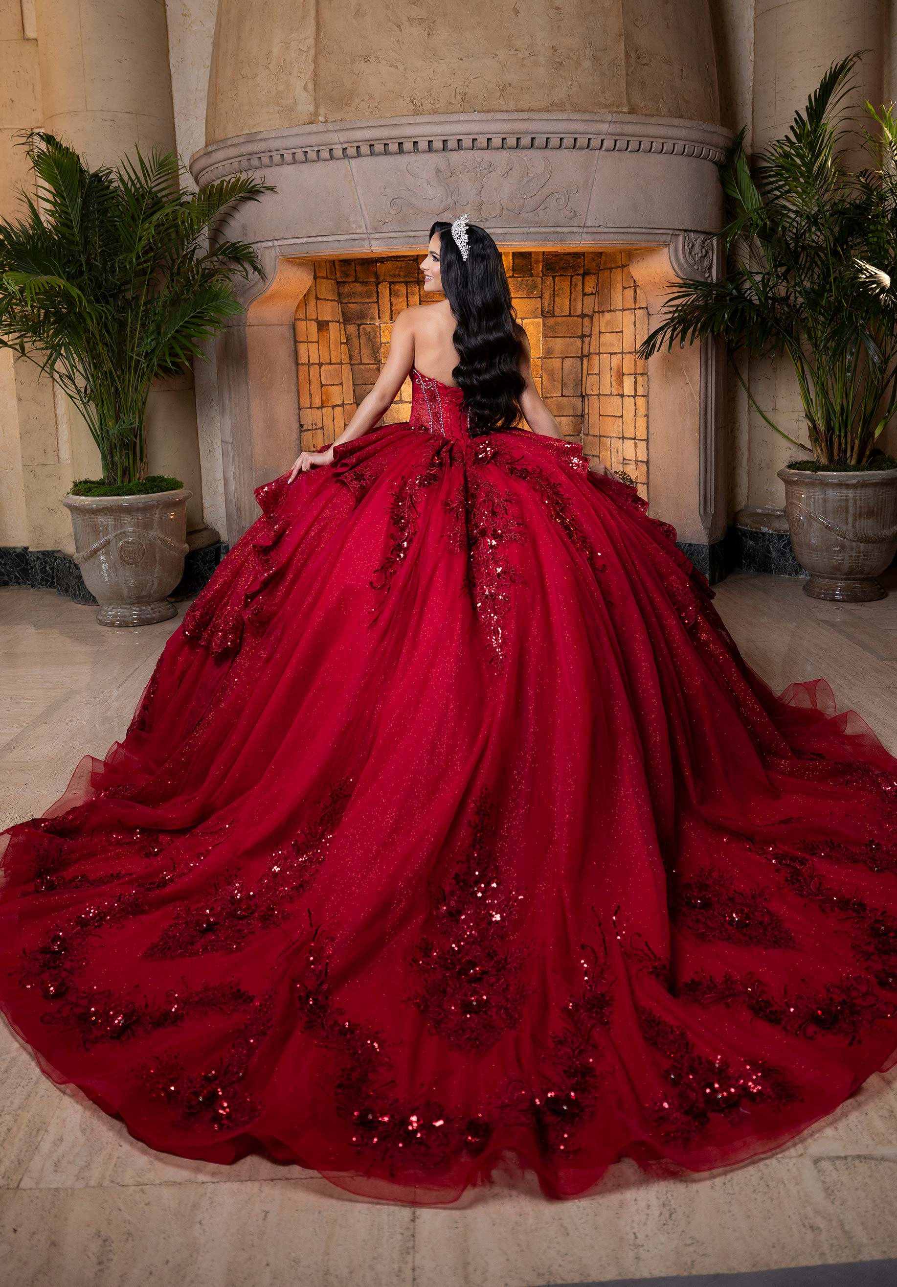 Strapless Curved Neck Floor-Length Tulle Quinceañera Ball Gown MGNY Madeline Gardner New York 4080025