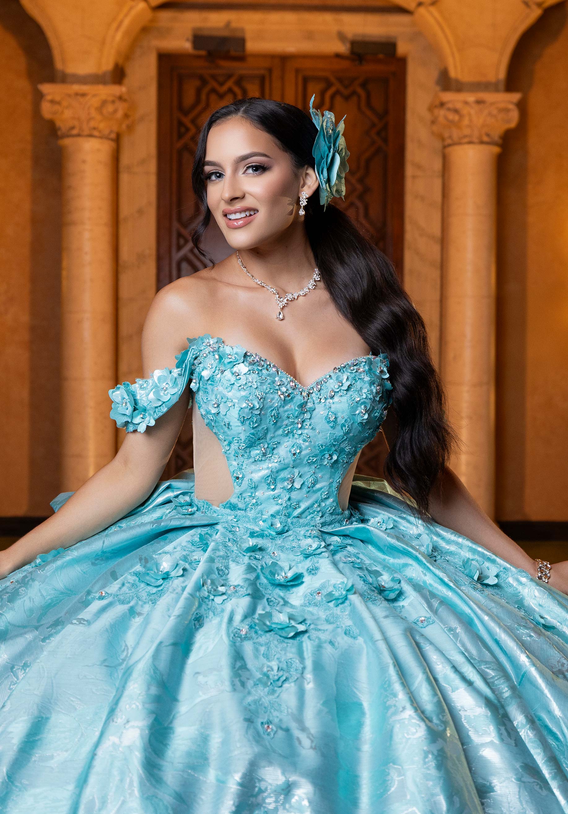 Strapless Curved Neck Floor-Length Satin Quinceañera Ball Gown MGNY Madeline Gardner New York 4080031