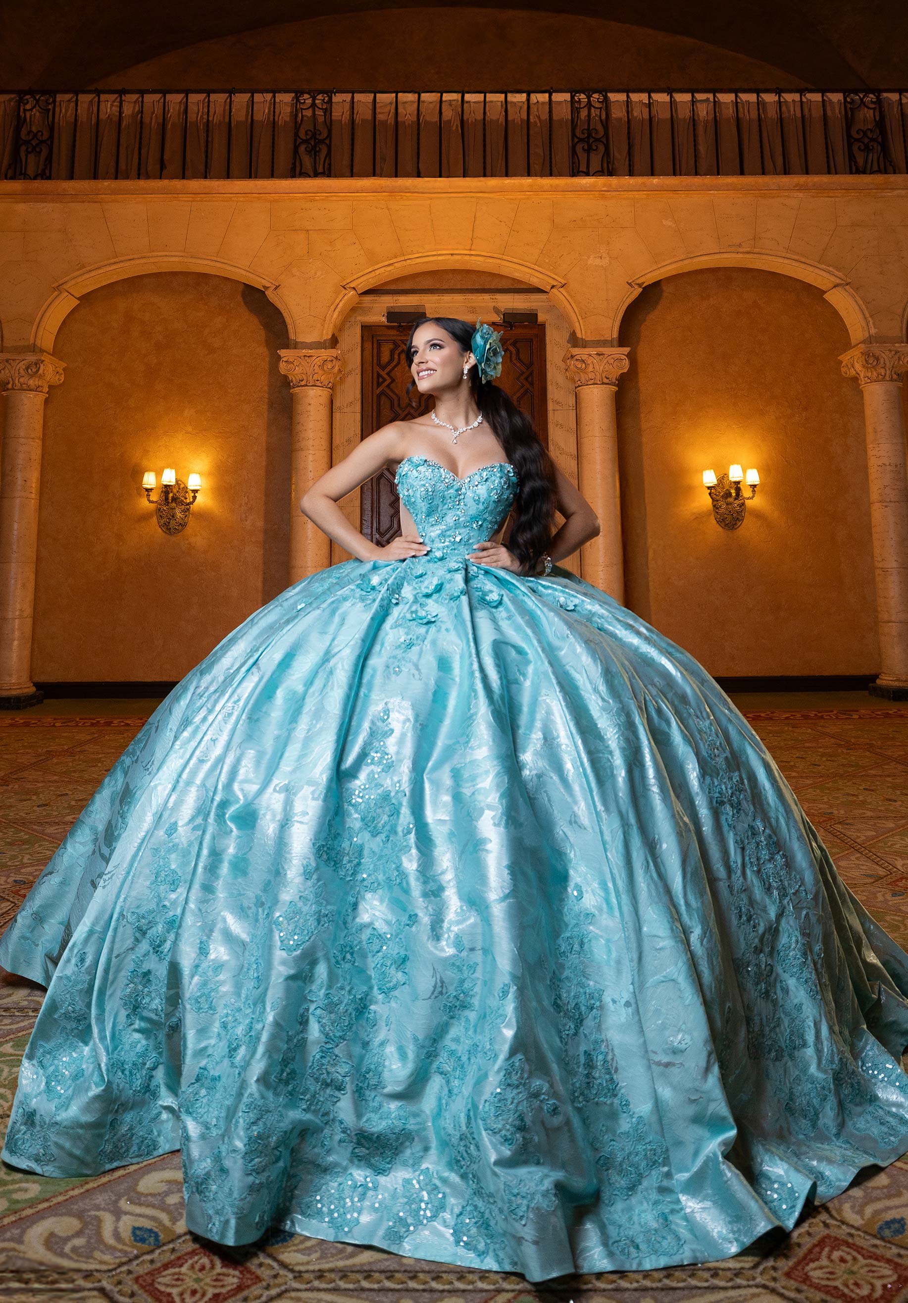 Strapless Curved Neck Floor-Length Satin Quinceañera Ball Gown MGNY Madeline Gardner New York 4080031