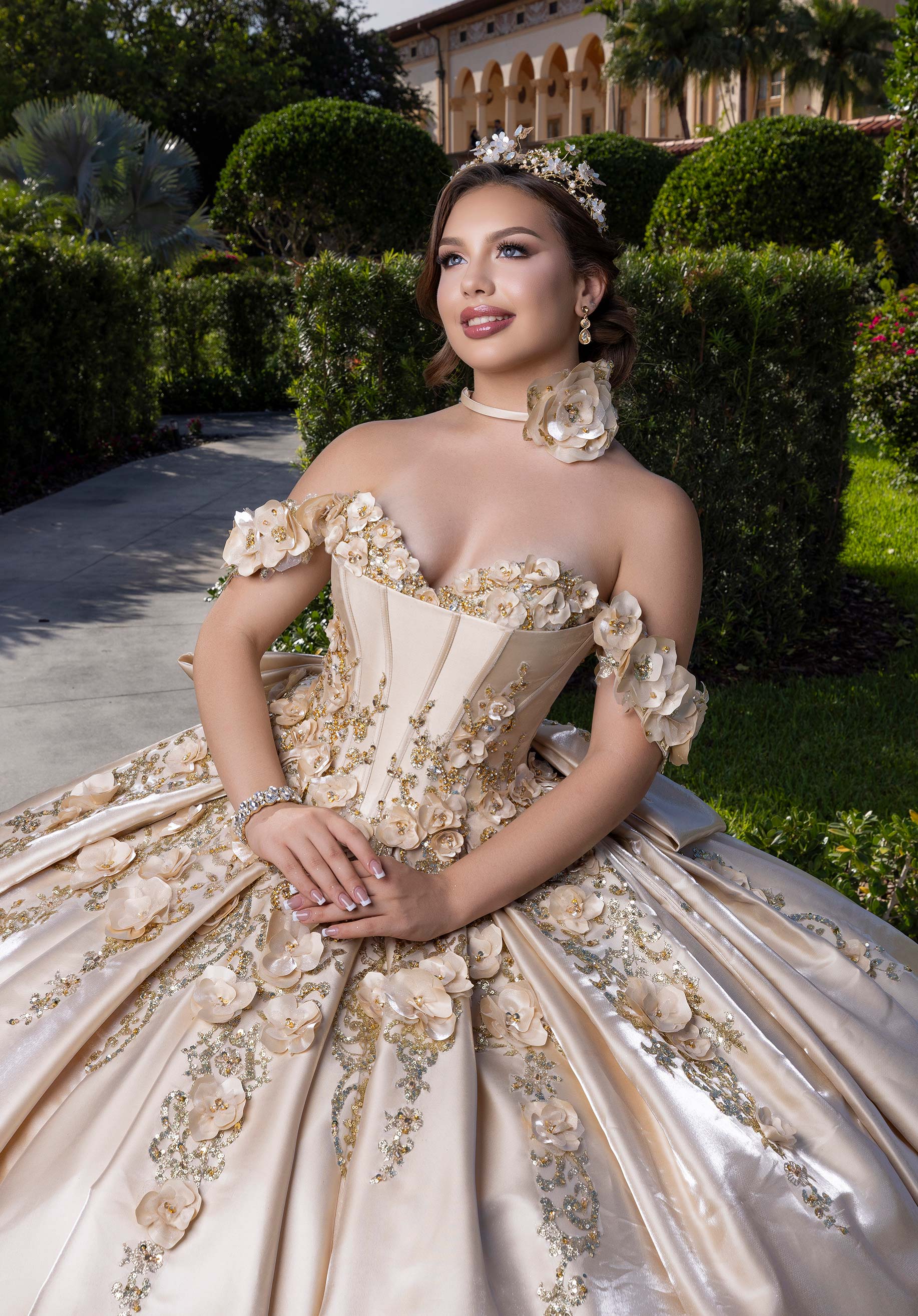 Off-the-Shoulder Floor-Length Satin Quinceañera Ball Gown MGNY Madeline Gardner New York 4080033