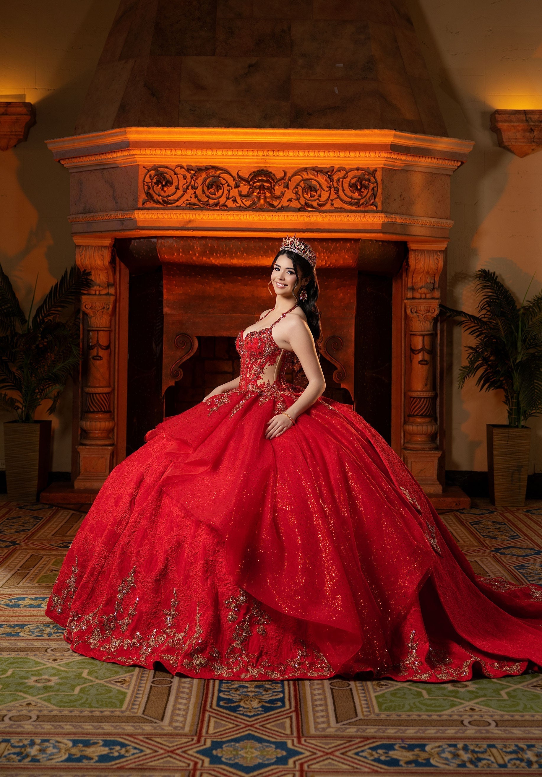 Strapless Curved Neck Floor-Length Lace Quinceanera Ball Gown MGNY 4080054